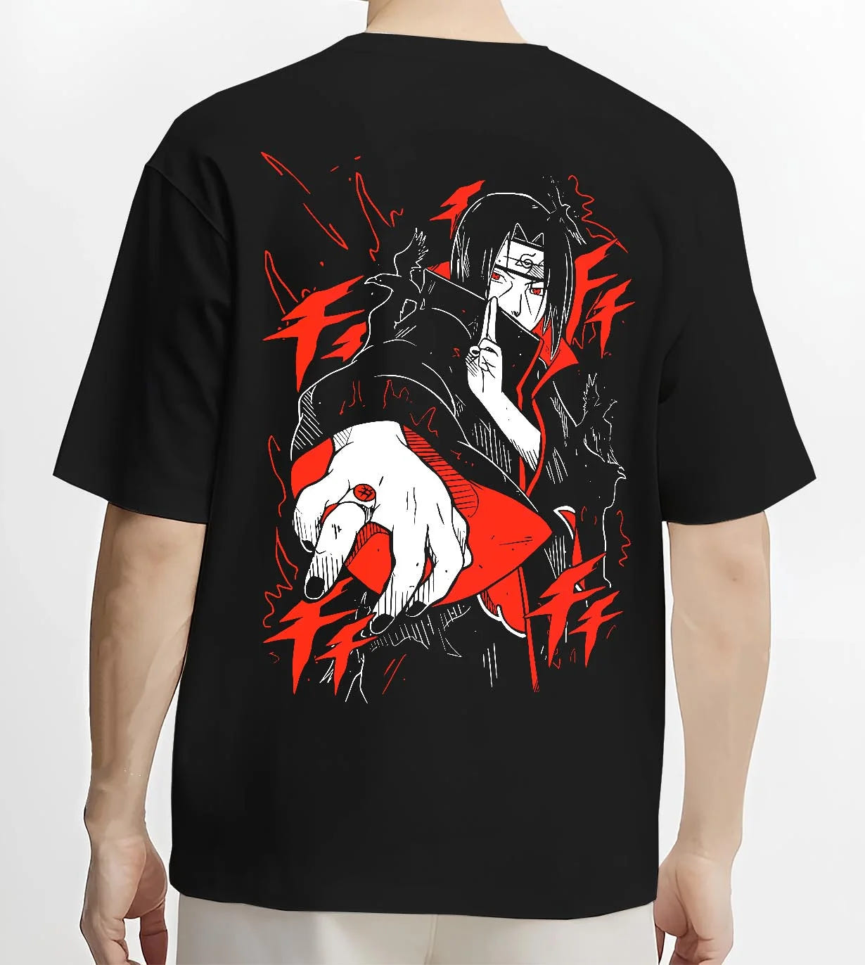 Black T-shirt worn by male model, back view with Naruto Hoodie Itachi Uchiha Finger Red Moon Jumper graphic bold anime graphic.