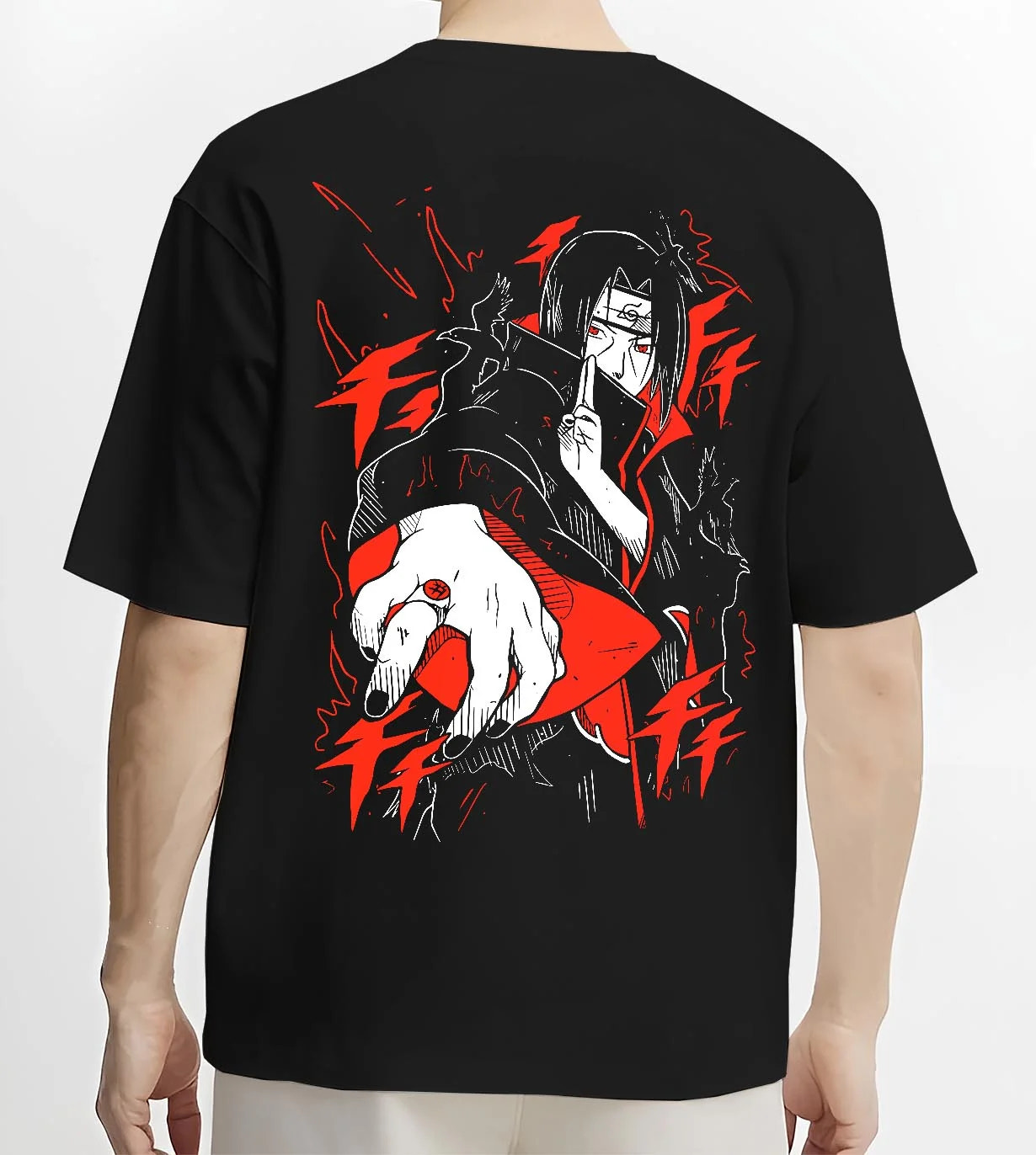 Black T-shirt worn by male model, back view with Naruto Hoodie Itachi Uchiha Finger Red Moon Jumper graphic bold anime graphic.