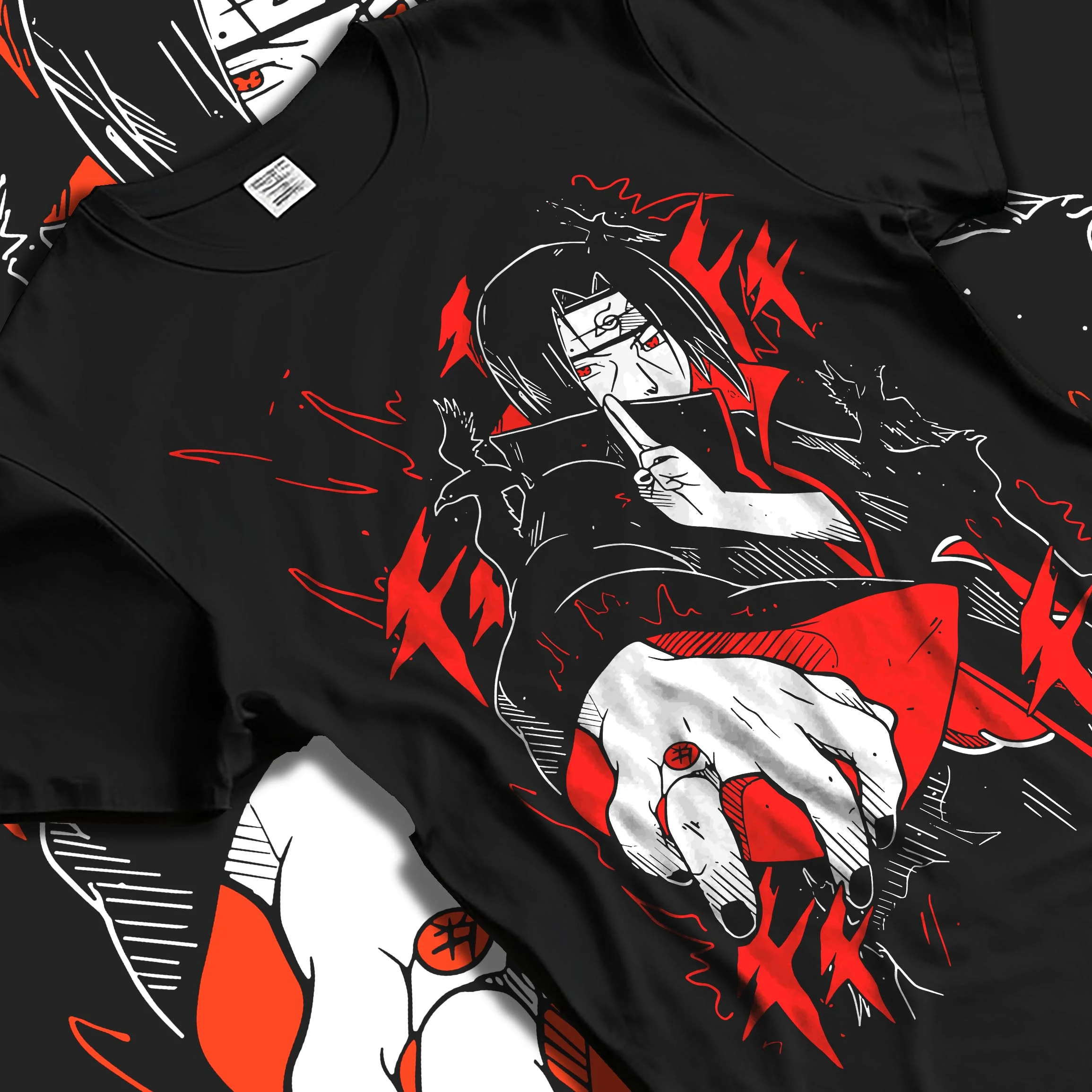 Black T-shirt laid flat with natural folds with Naruto Hoodie Itachi Uchiha Finger Red Moon Jumper graphic premium wear.