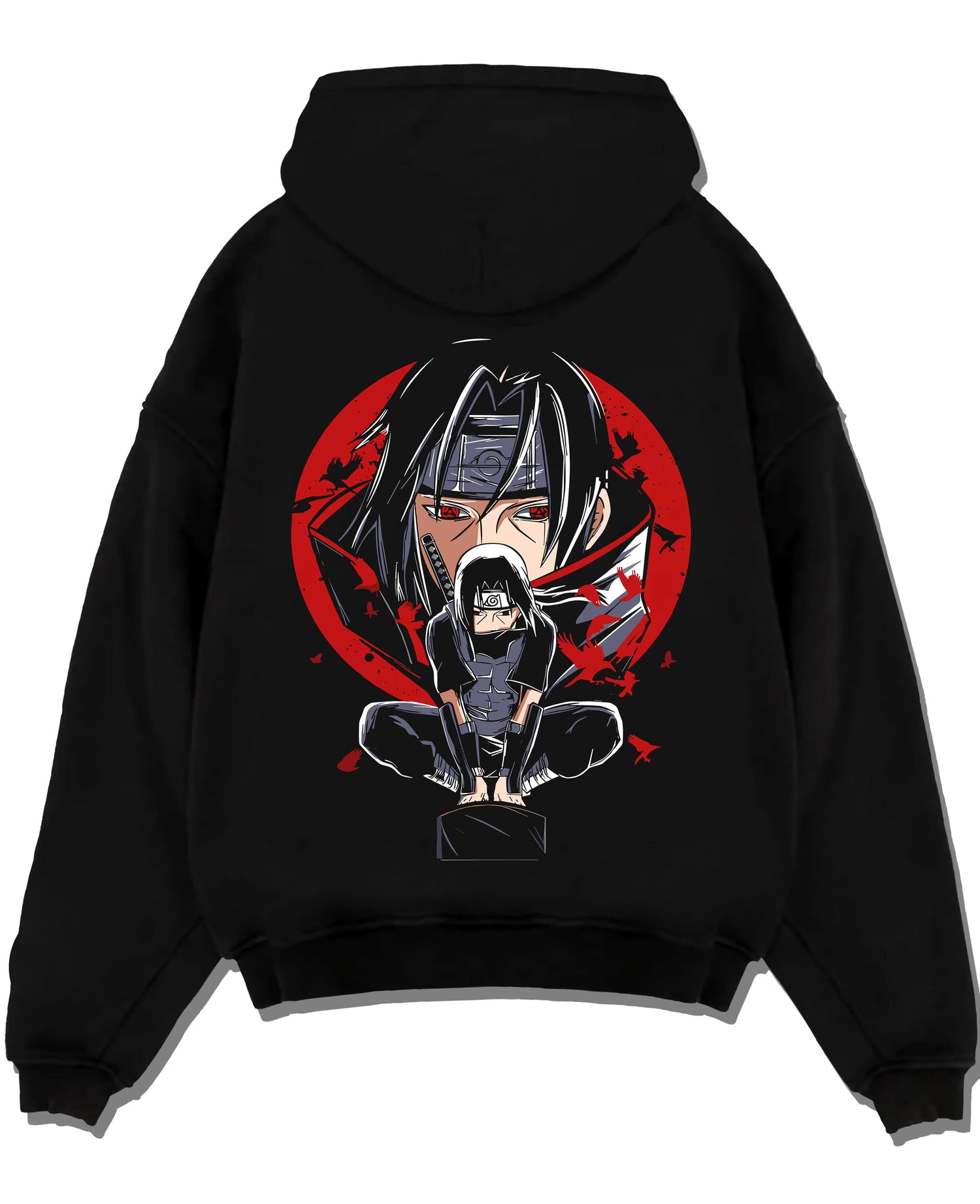 Black pullover hoodie laid flat with Naruto Hoodie Itachi Uchiha Mangekyo Clan Jumper graphic premium wear.