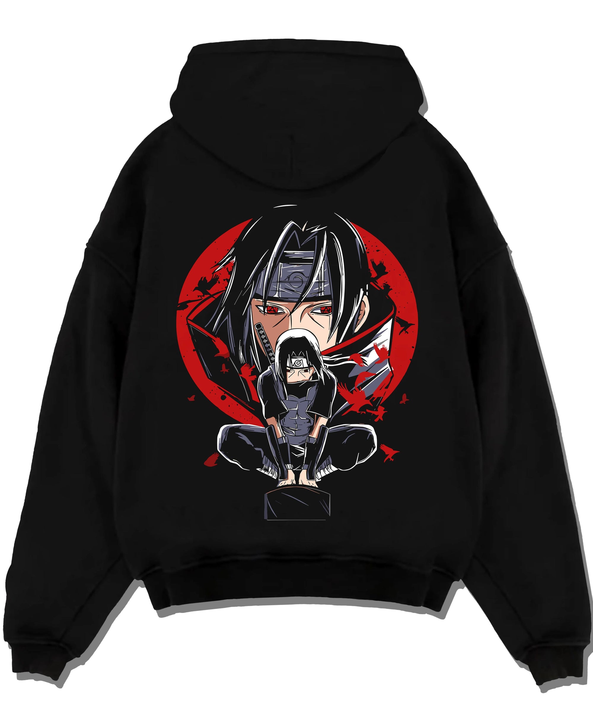 Black pullover hoodie laid flat with Naruto Hoodie Itachi Uchiha Mangekyo Clan Jumper graphic premium wear.