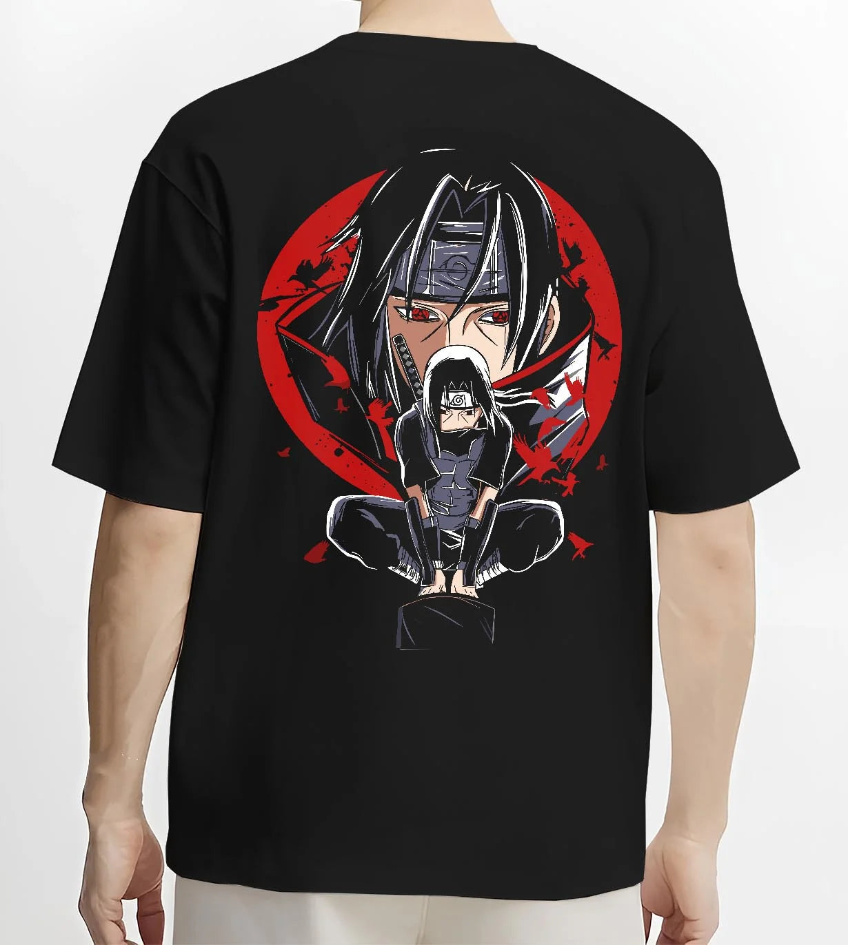Black T-shirt worn by male model, back view with Naruto Hoodie Itachi Uchiha Mangekyo Clan Jumper graphic bold anime graphic.