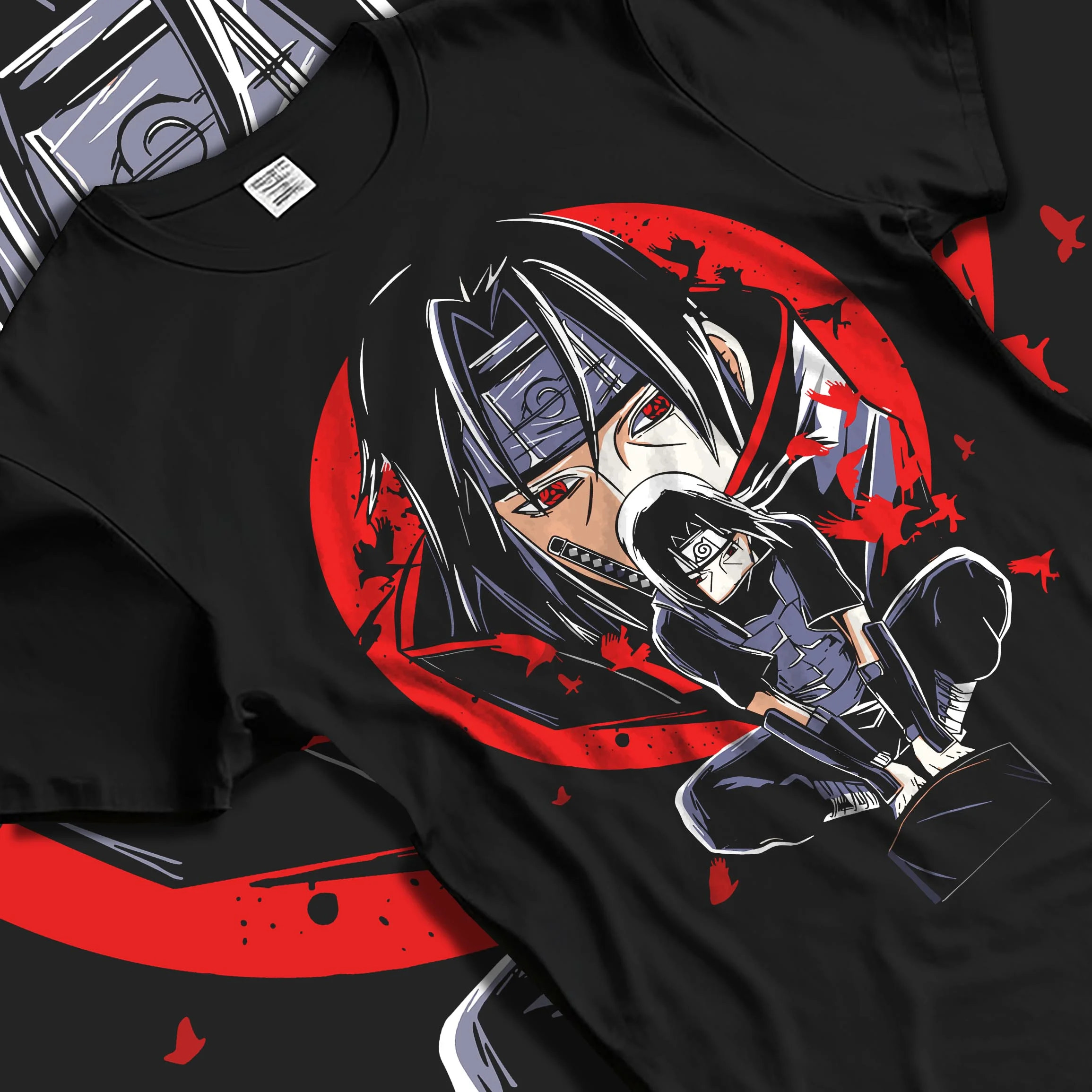 Black T-shirt laid flat with natural folds with Naruto Hoodie Itachi Uchiha Mangekyo Clan Jumper graphic premium wear.