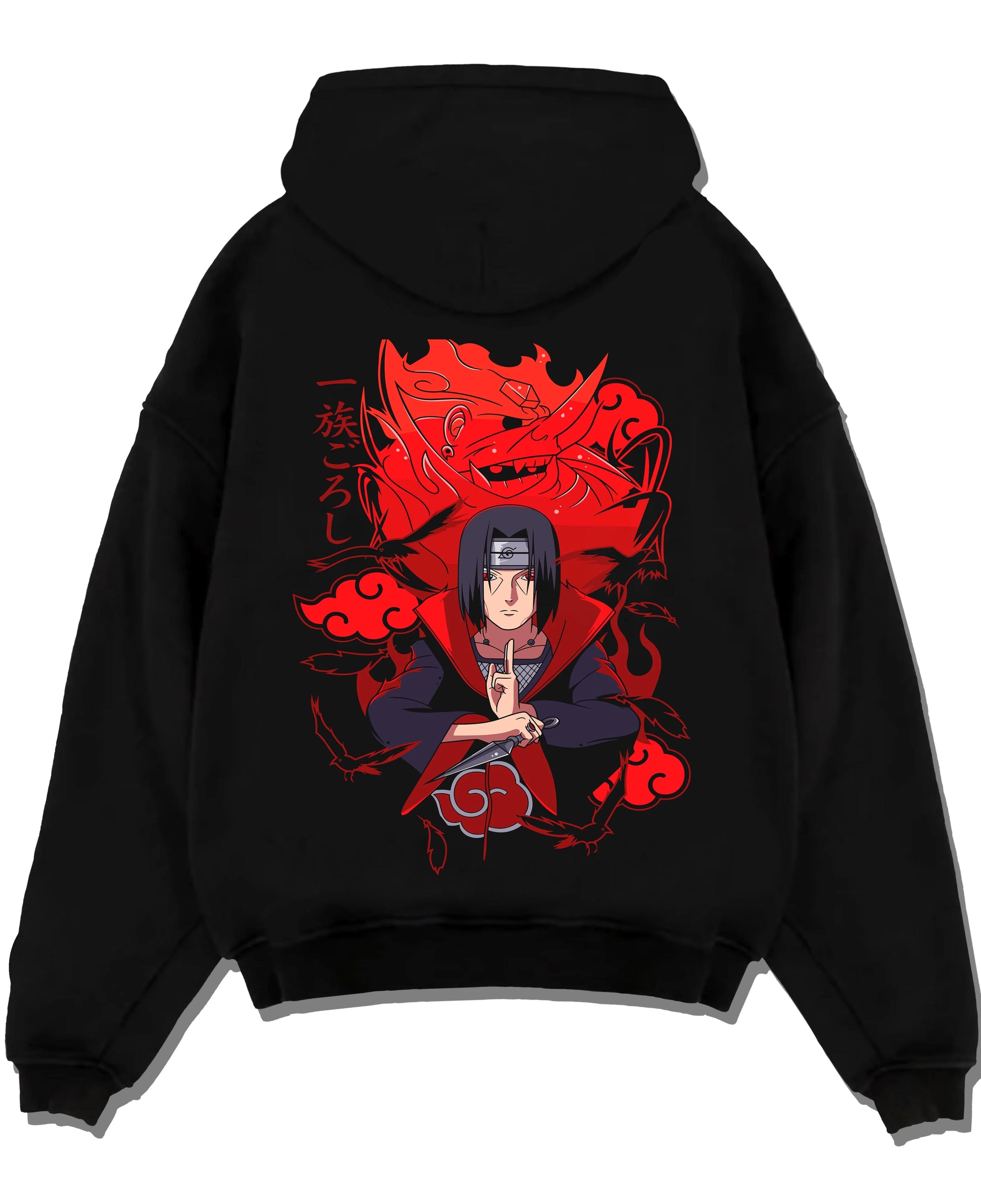 Black pullover hoodie laid flat with Naruto Hoodie Itachi Uchiha Anbu Red Flame Jumper graphic premium wear.