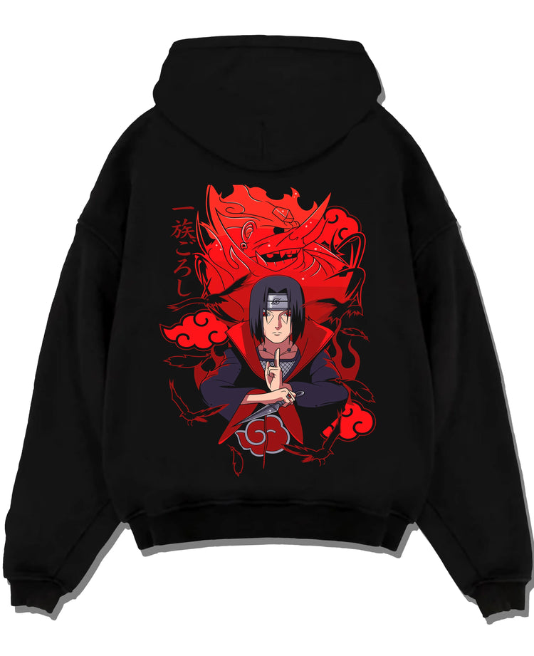 Black pullover hoodie laid flat with Naruto Hoodie Itachi Uchiha Anbu Red Flame Jumper graphic premium wear.