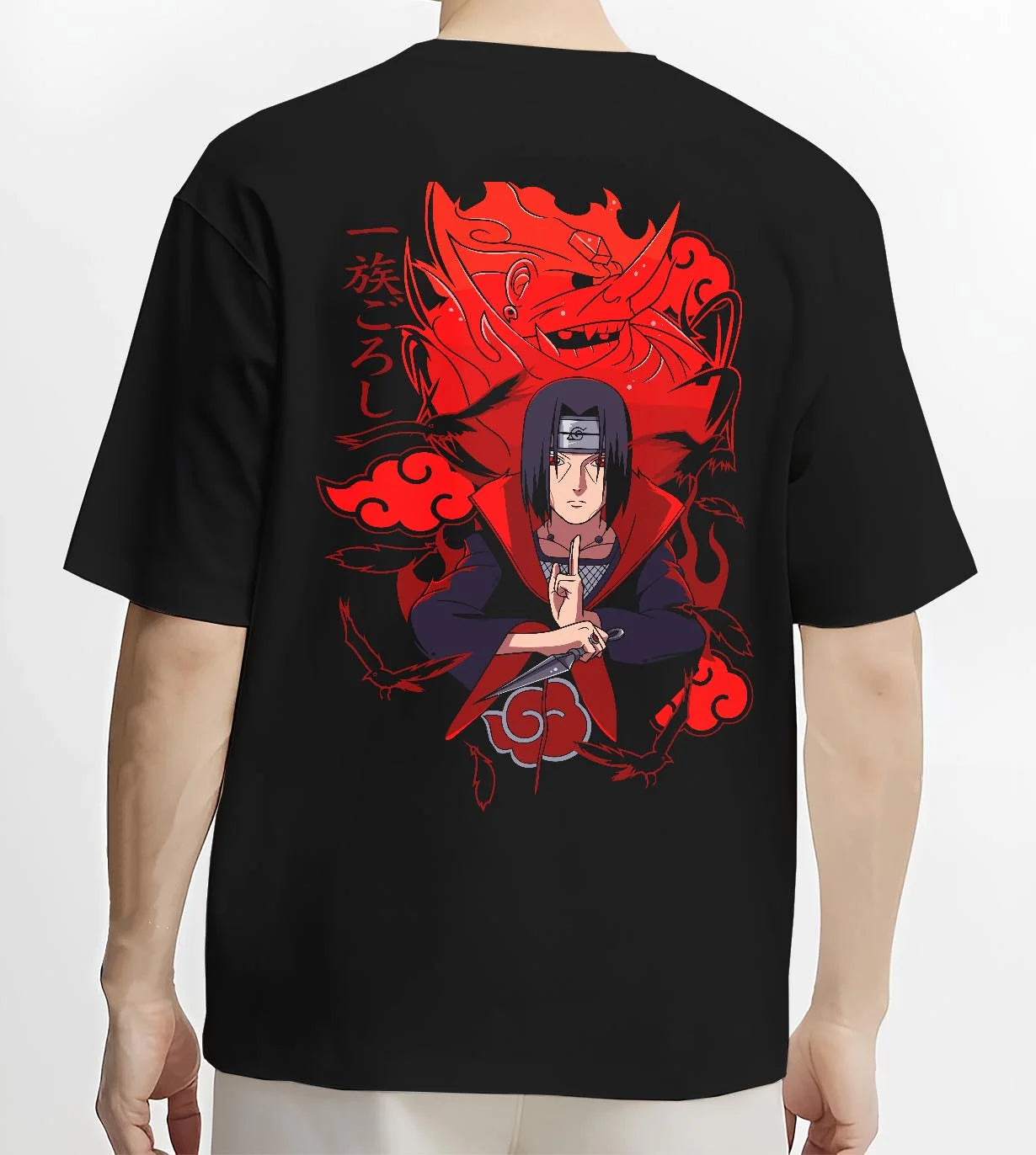 Black T-shirt worn by male model, back view with Naruto Hoodie Itachi Uchiha Anbu Red Flame Jumper graphic bold anime graphic.