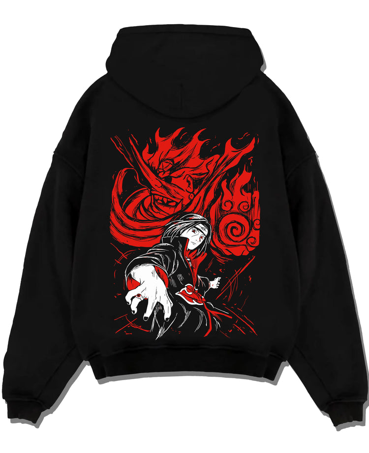 Black pullover hoodie laid flat with Naruto Hoodie Itachi Uchiha Sharingan Power Jumper graphic bold anime graphic.