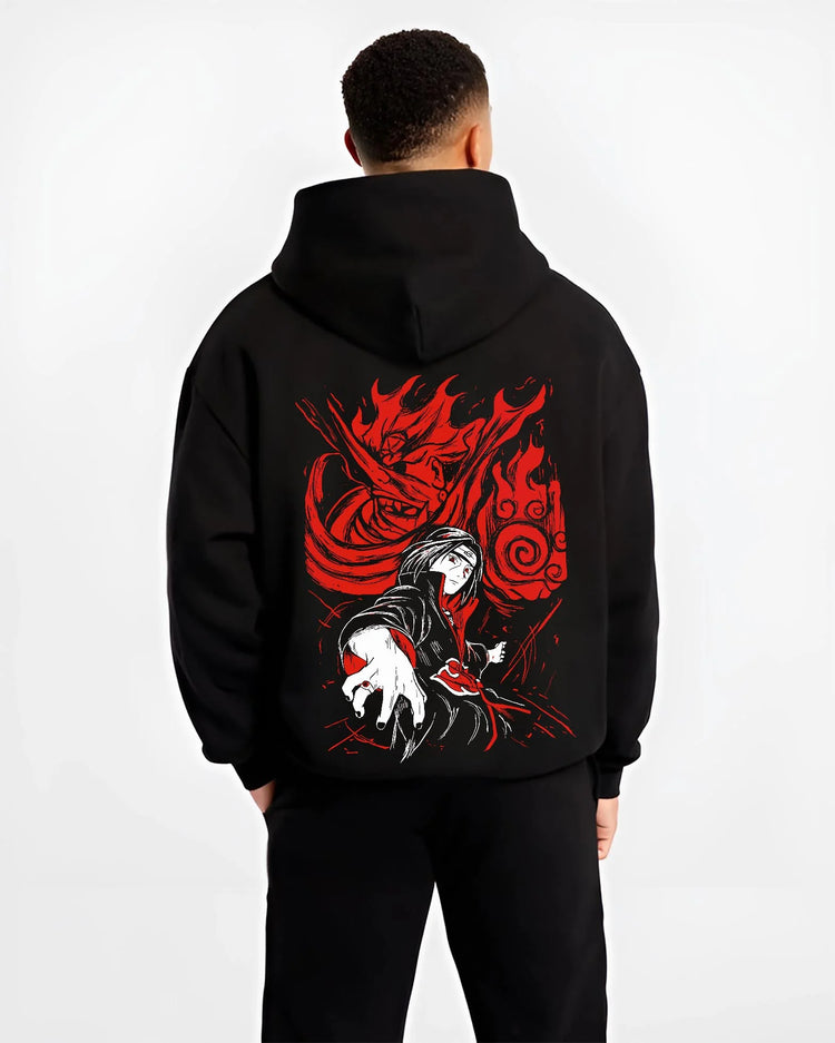 Black hoodie worn by male model, back view with Naruto Hoodie Itachi Uchiha Sharingan Power Jumper graphic streetwear graphic.