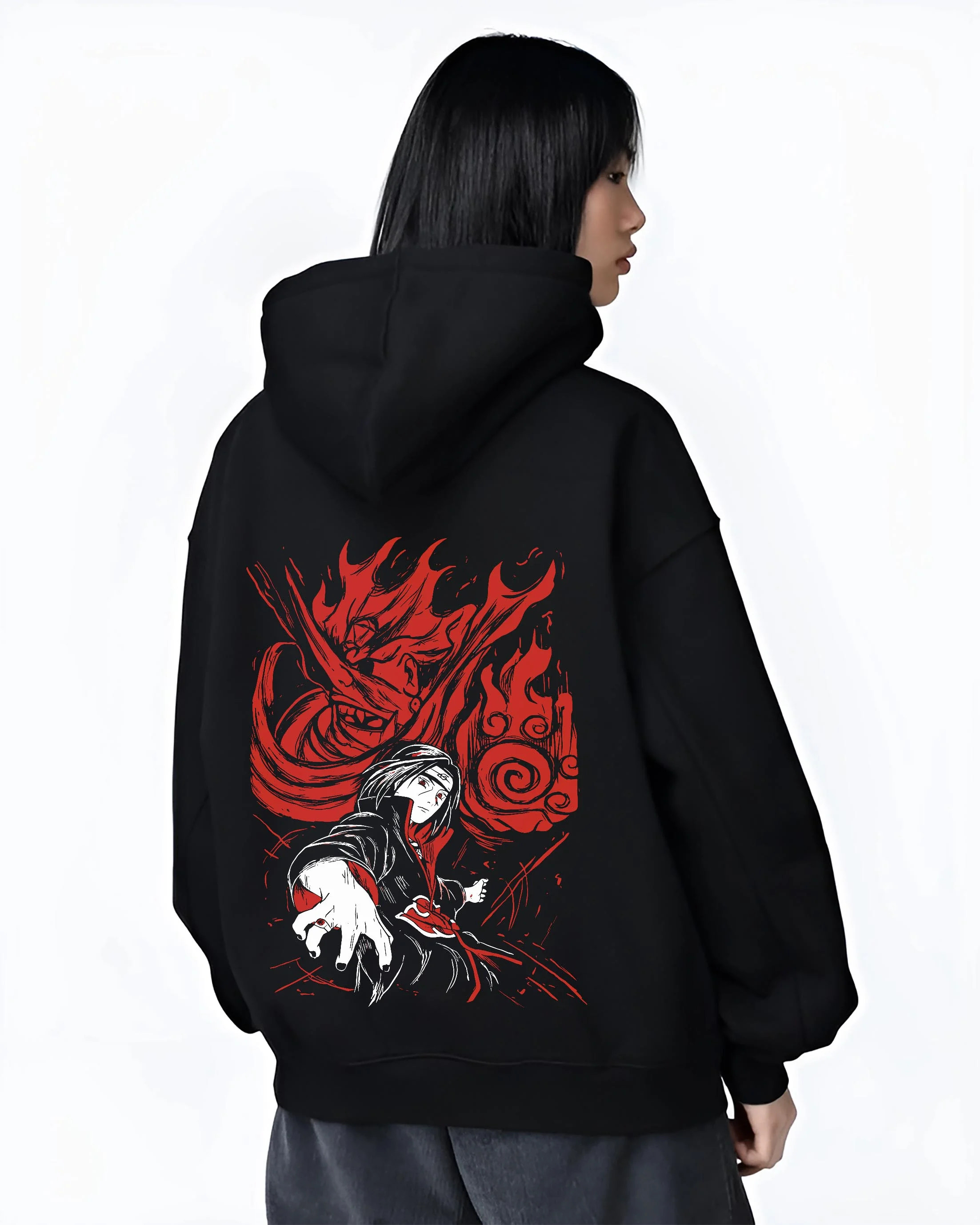 Black hoodie worn by female model, back view with Naruto Hoodie Itachi Uchiha Sharingan Power Jumper graphic streetwear graphic.