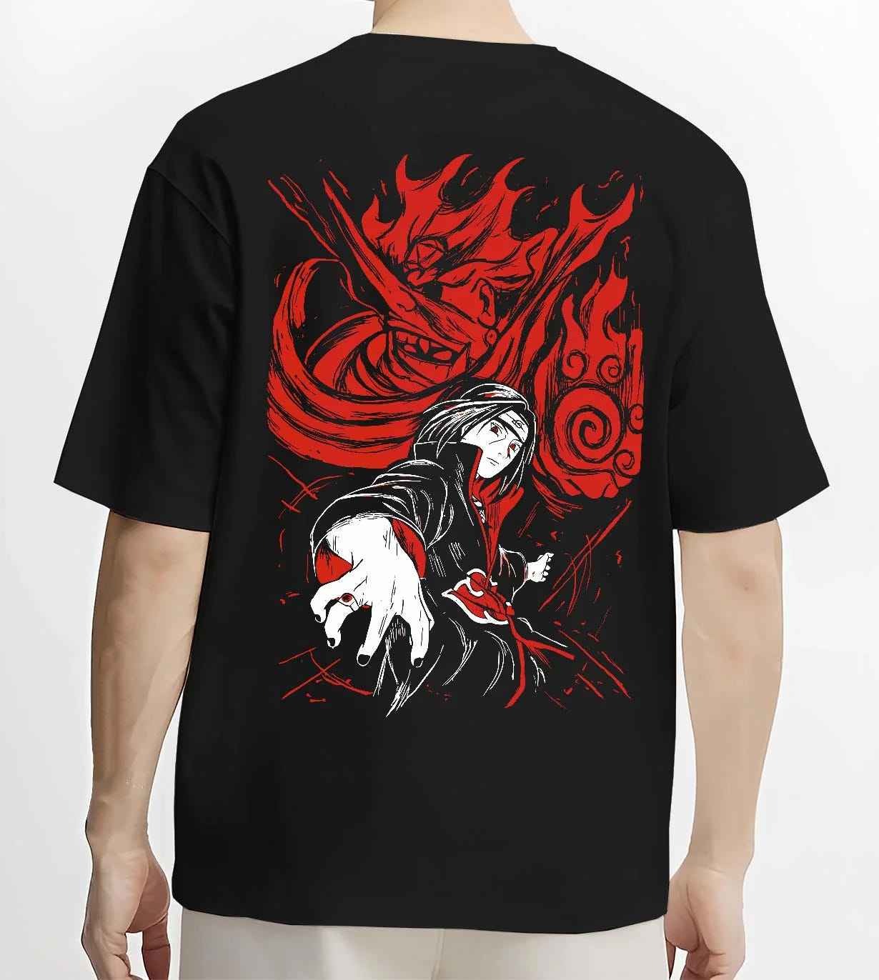 Black T-shirt worn by male model, back view with Naruto Hoodie Itachi Uchiha Sharingan Power Jumper graphic streetwear graphic.