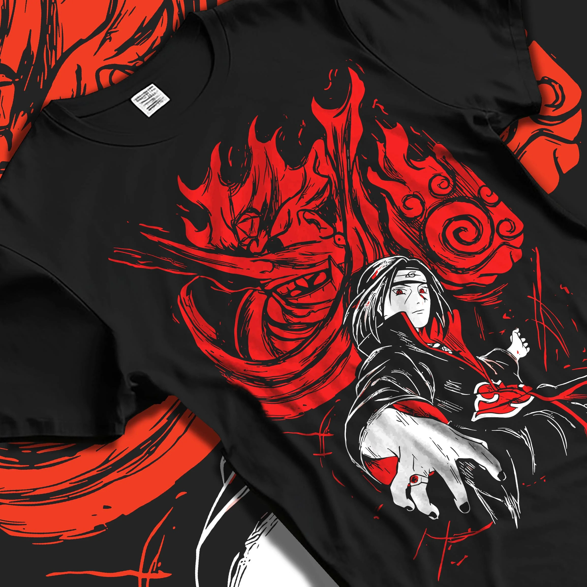 Black T-shirt laid flat with natural folds with Naruto Hoodie Itachi Uchiha Sharingan Power Jumper graphic streetwear graphic.