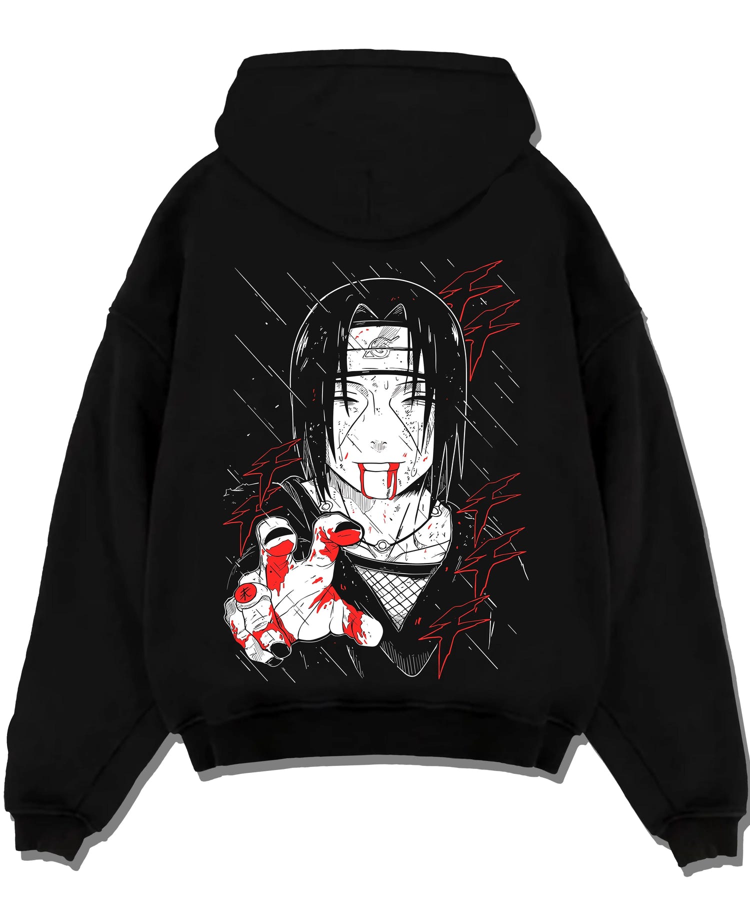Black pullover hoodie laid flat with Naruto Hoodie Itachi Uchiha Cursed Agent Jumper graphic streetwear graphic.