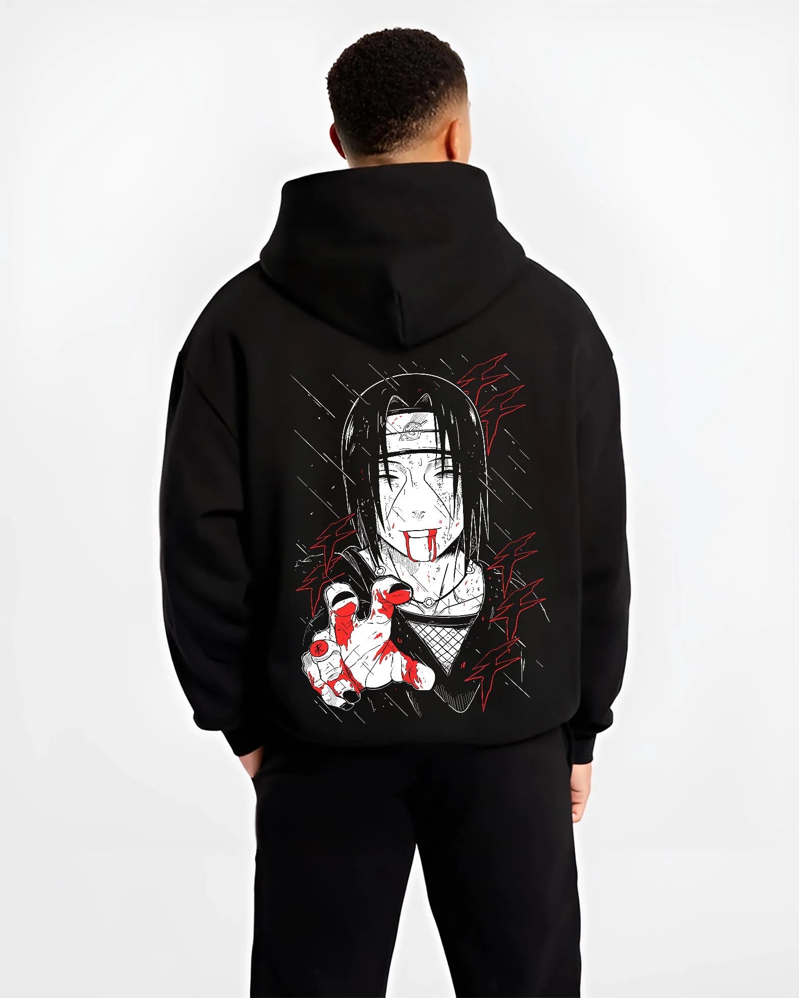 Black hoodie worn by male model, back view with Naruto Hoodie Itachi Uchiha Cursed Agent Jumper graphic bold anime graphic.