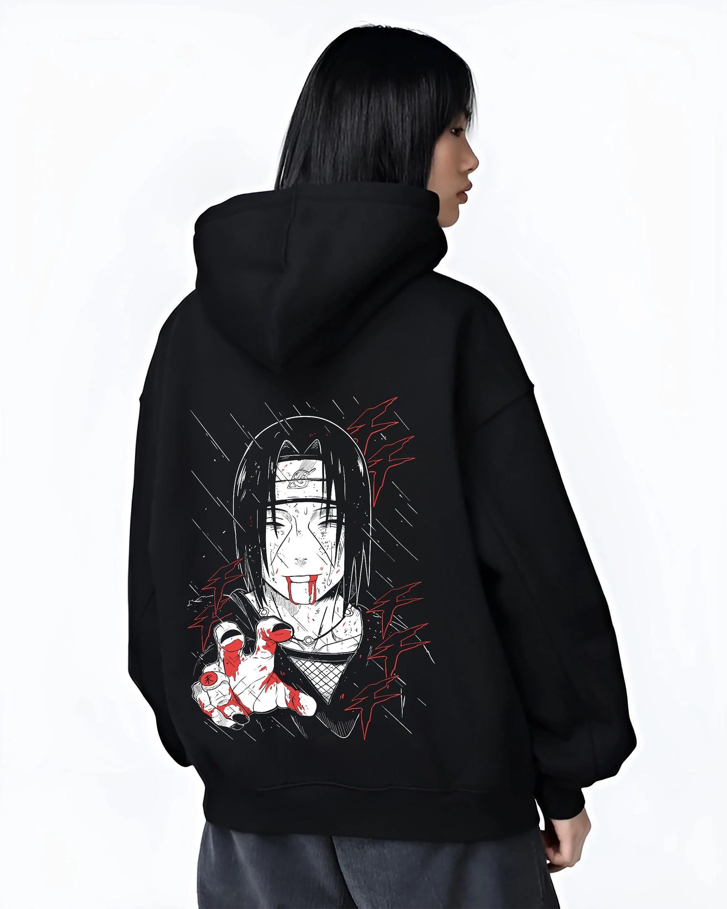 Black hoodie worn by female model, back view with Naruto Hoodie Itachi Uchiha Cursed Agent Jumper graphic bold anime graphic.