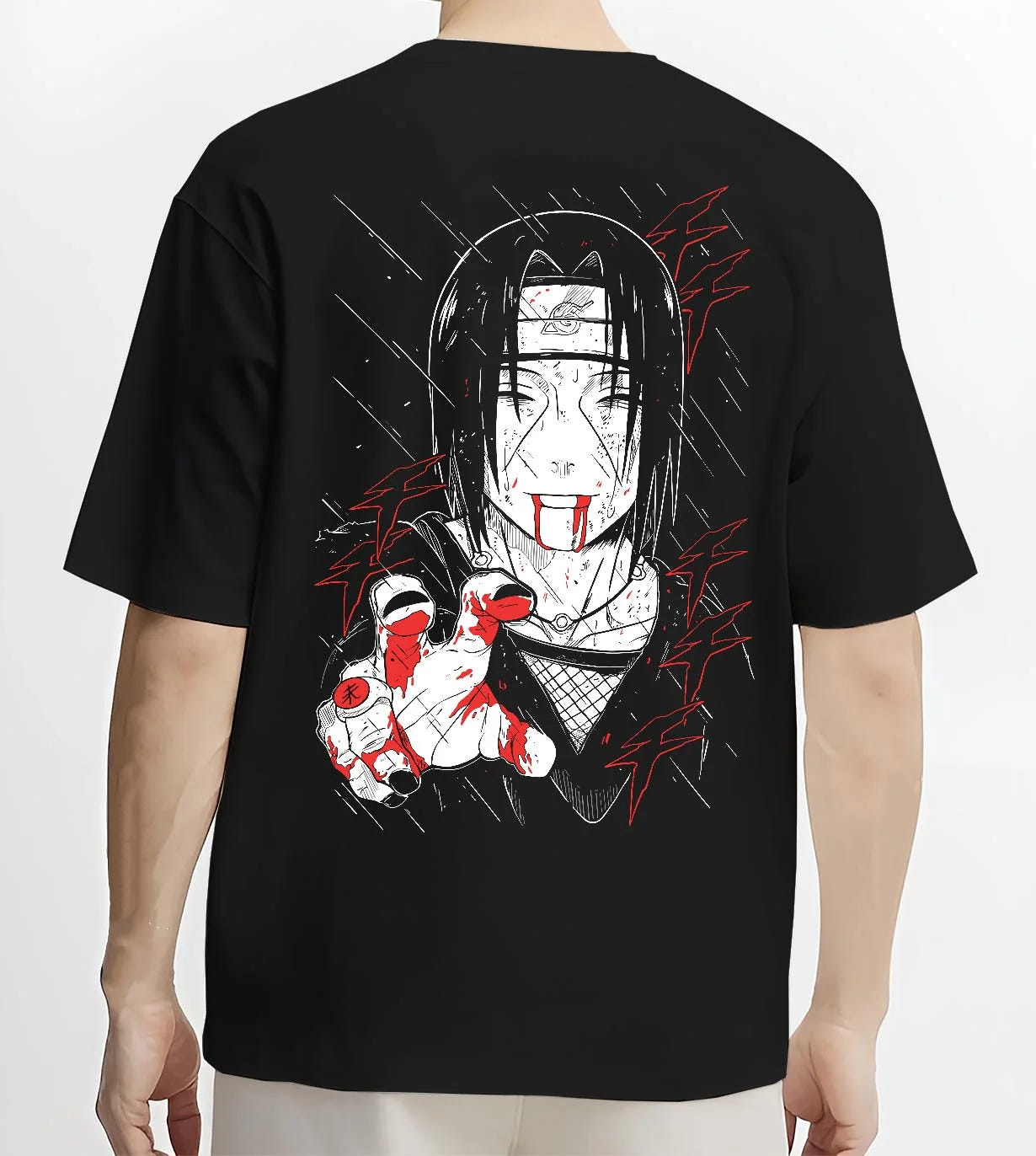 Black T-shirt worn by male model, back view with Naruto Hoodie Itachi Uchiha Cursed Agent Jumper graphic bold anime graphic.