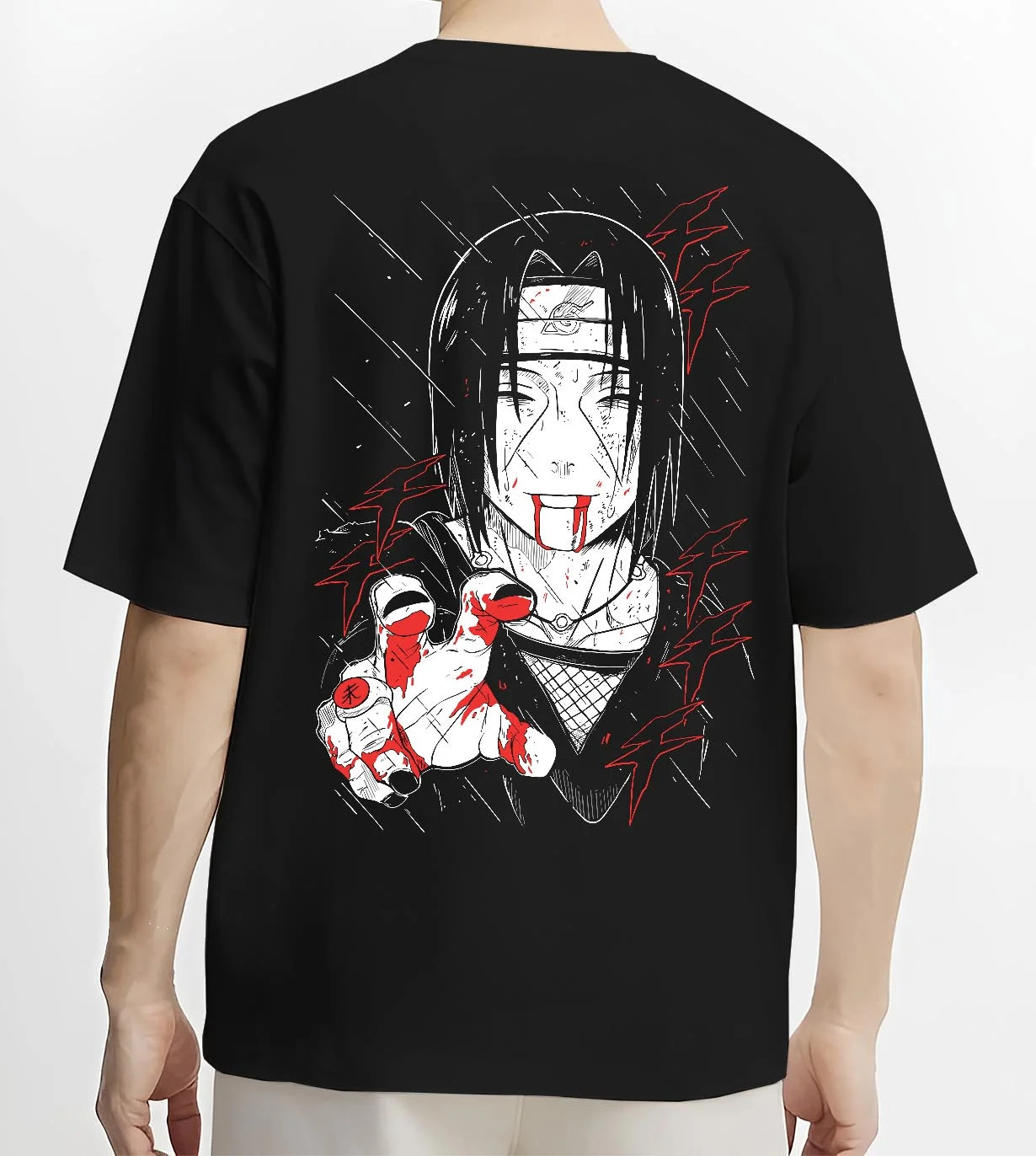 Black T-shirt worn by male model, back view with Naruto Hoodie Itachi Uchiha Cursed Agent Jumper graphic bold anime graphic.