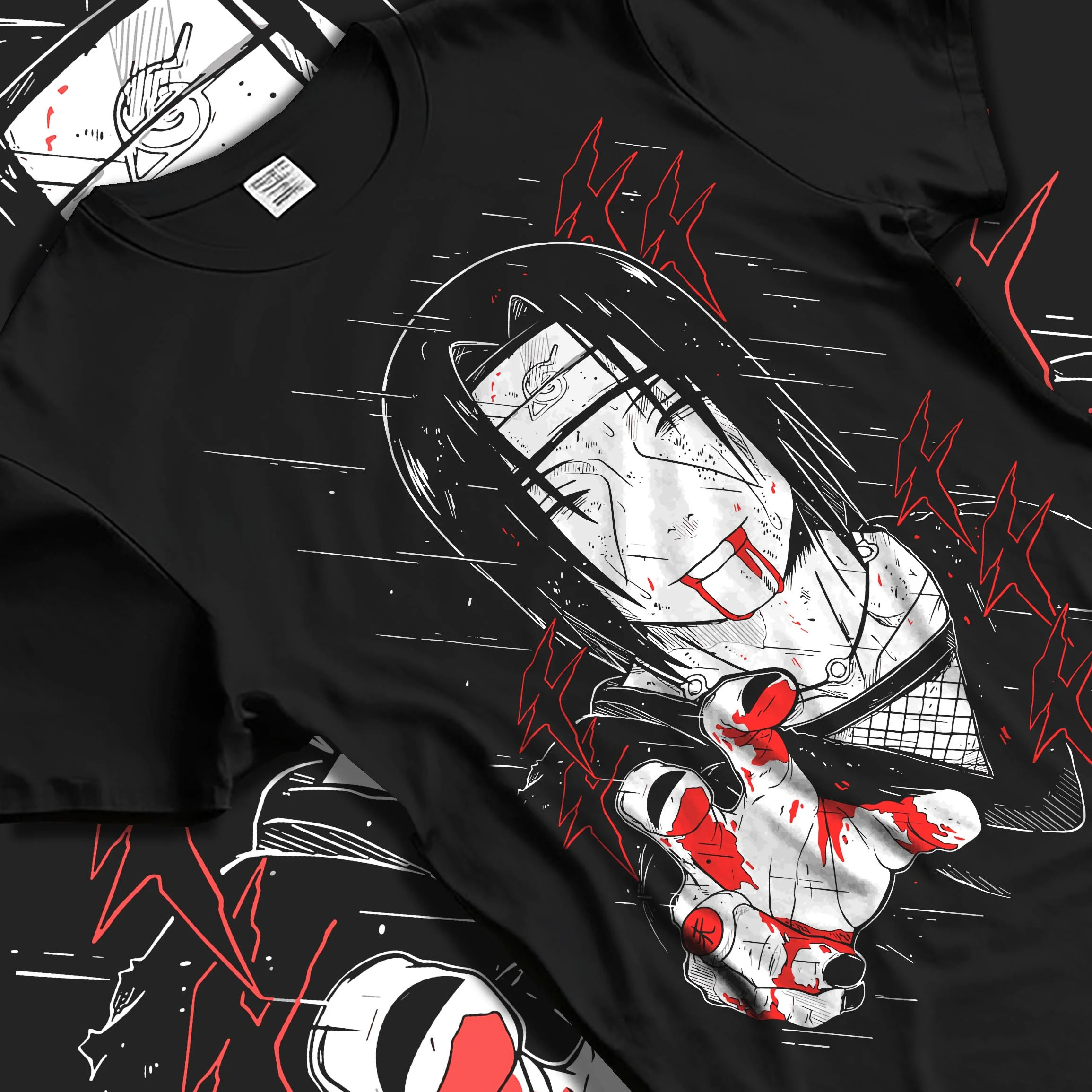 Black T-shirt laid flat with natural folds with Naruto Hoodie Itachi Uchiha Cursed Agent Jumper graphic bold anime graphic.