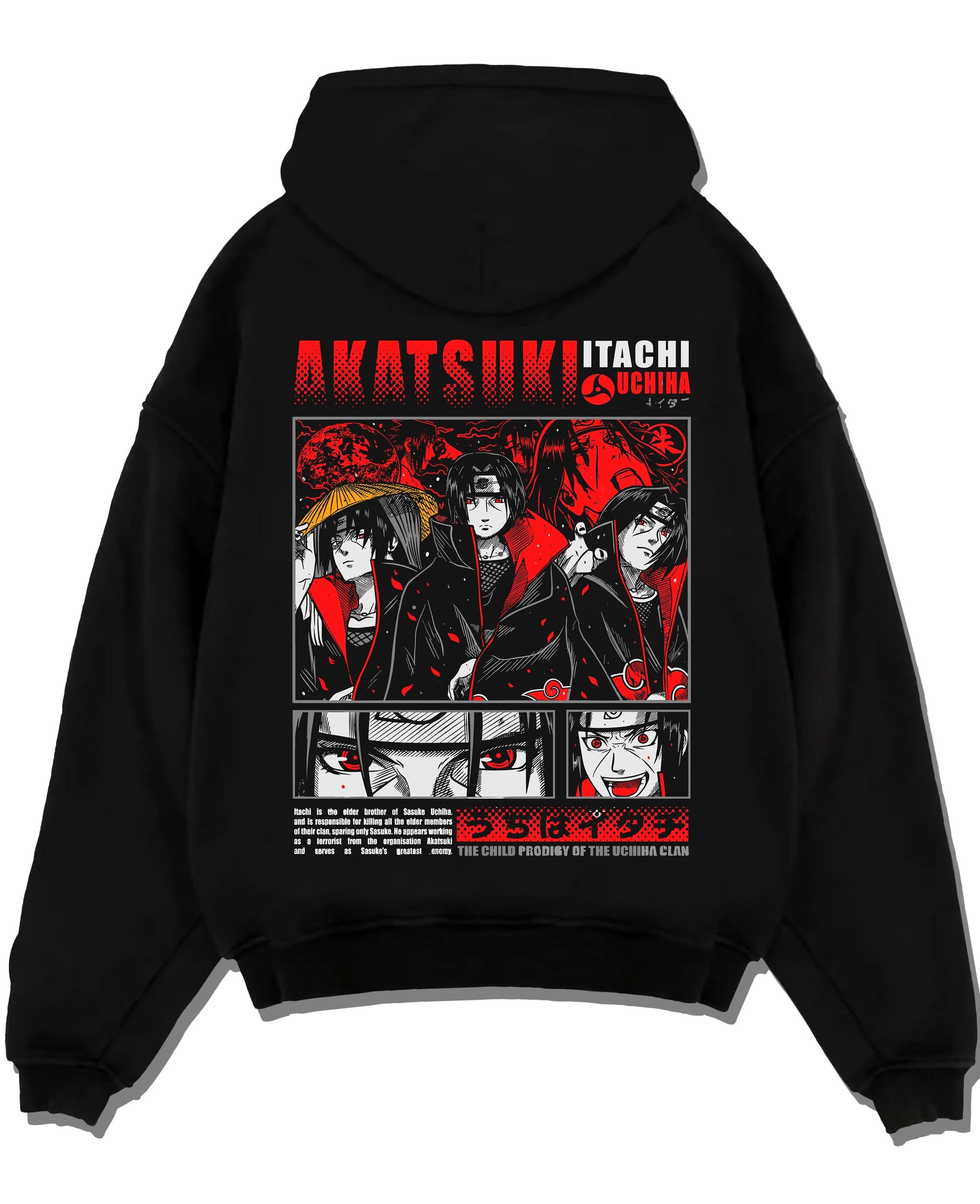 Black pullover hoodie laid flat with Naruto Hoodie Itachi and Sasuke Uchiha Clan Jumper graphic premium wear.