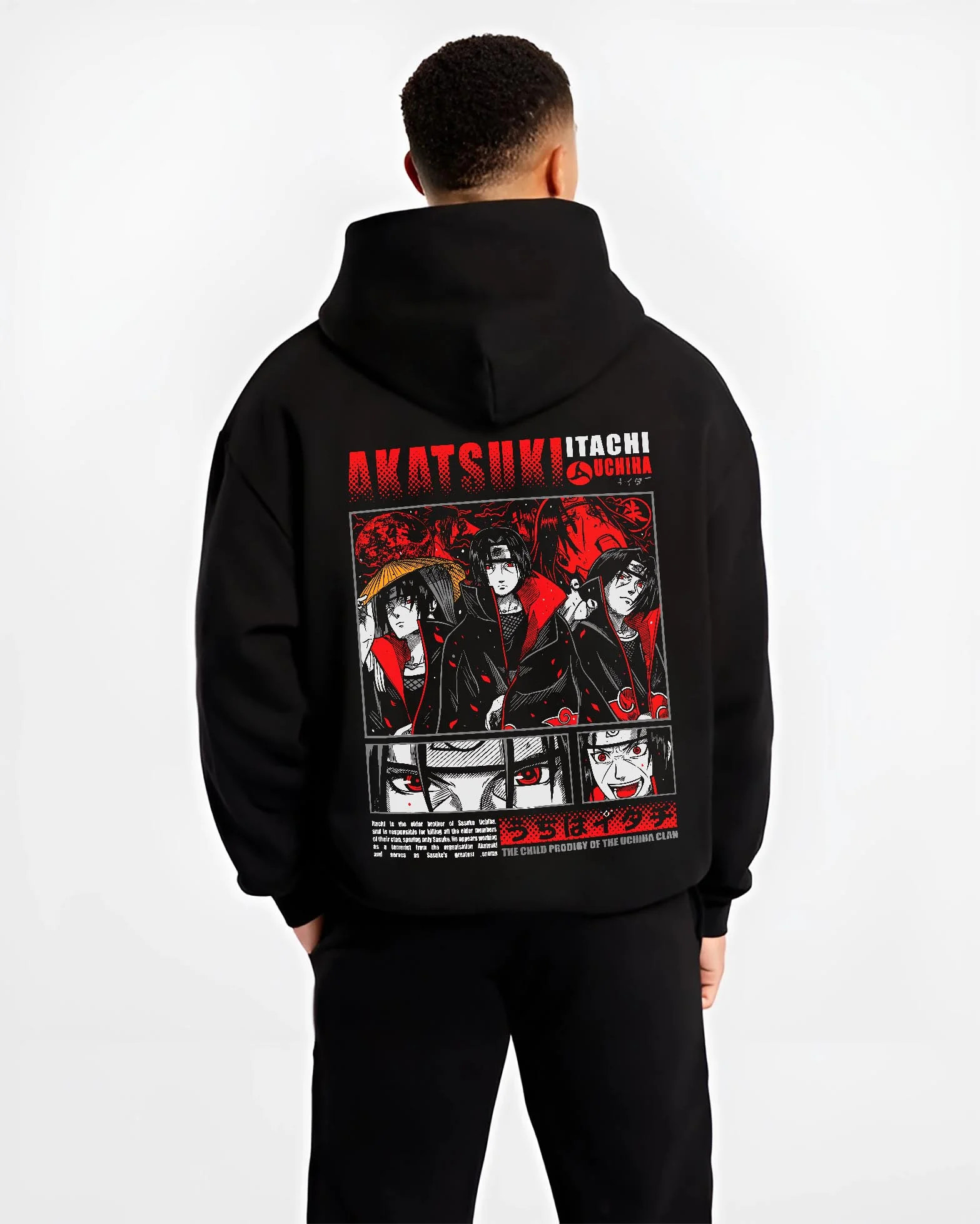 Black hoodie worn by male model, back view with Naruto Hoodie Itachi and Sasuke Uchiha Clan Jumper graphic streetwear graphic.
