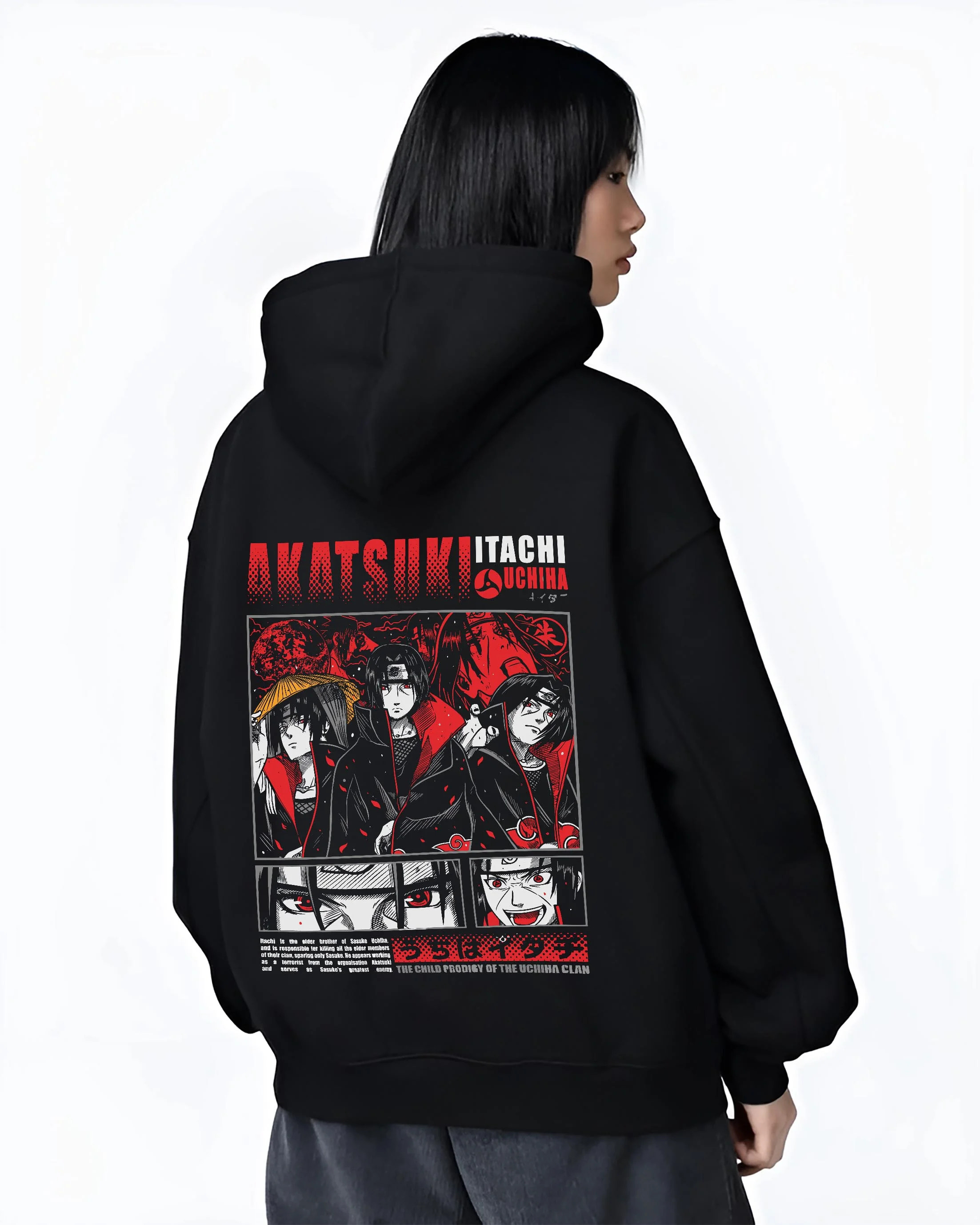 Black hoodie worn by female model, back view with Naruto Hoodie Itachi and Sasuke Uchiha Clan Jumper graphic streetwear graphic.