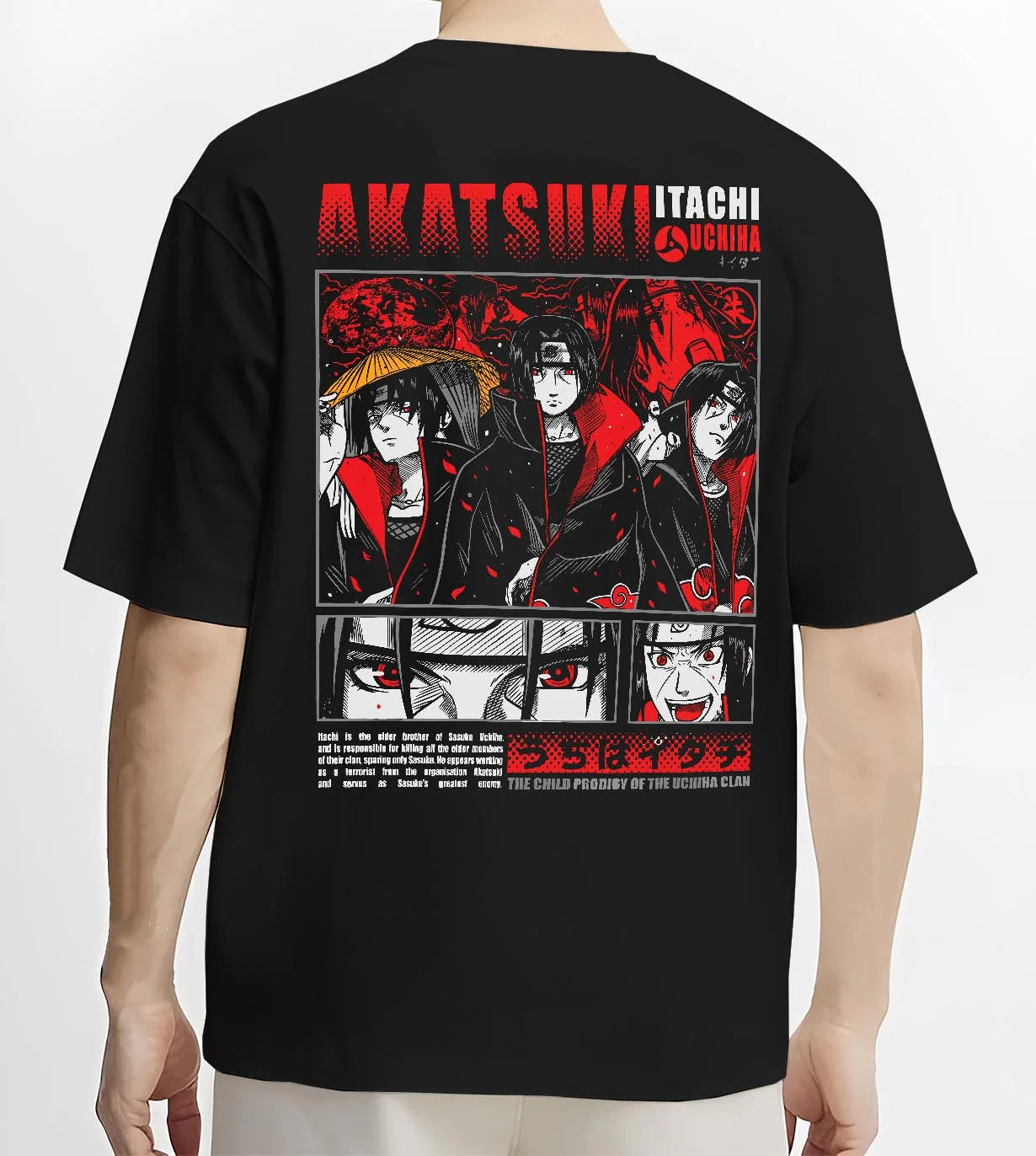 Black T-shirt worn by male model, back view with Naruto Hoodie Itachi and Sasuke Uchiha Clan Jumper graphic bold anime graphic.
