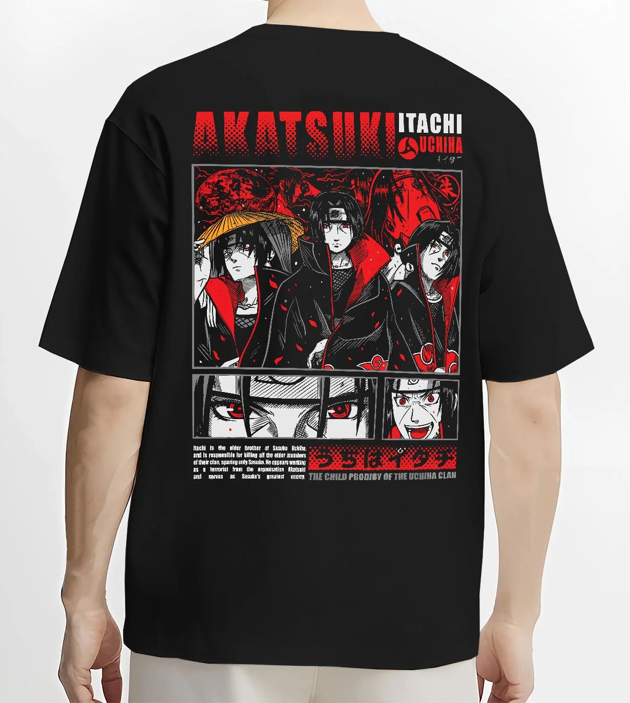 Black T-shirt worn by male model, back view with Naruto Hoodie Itachi and Sasuke Uchiha Clan Jumper graphic bold anime graphic.