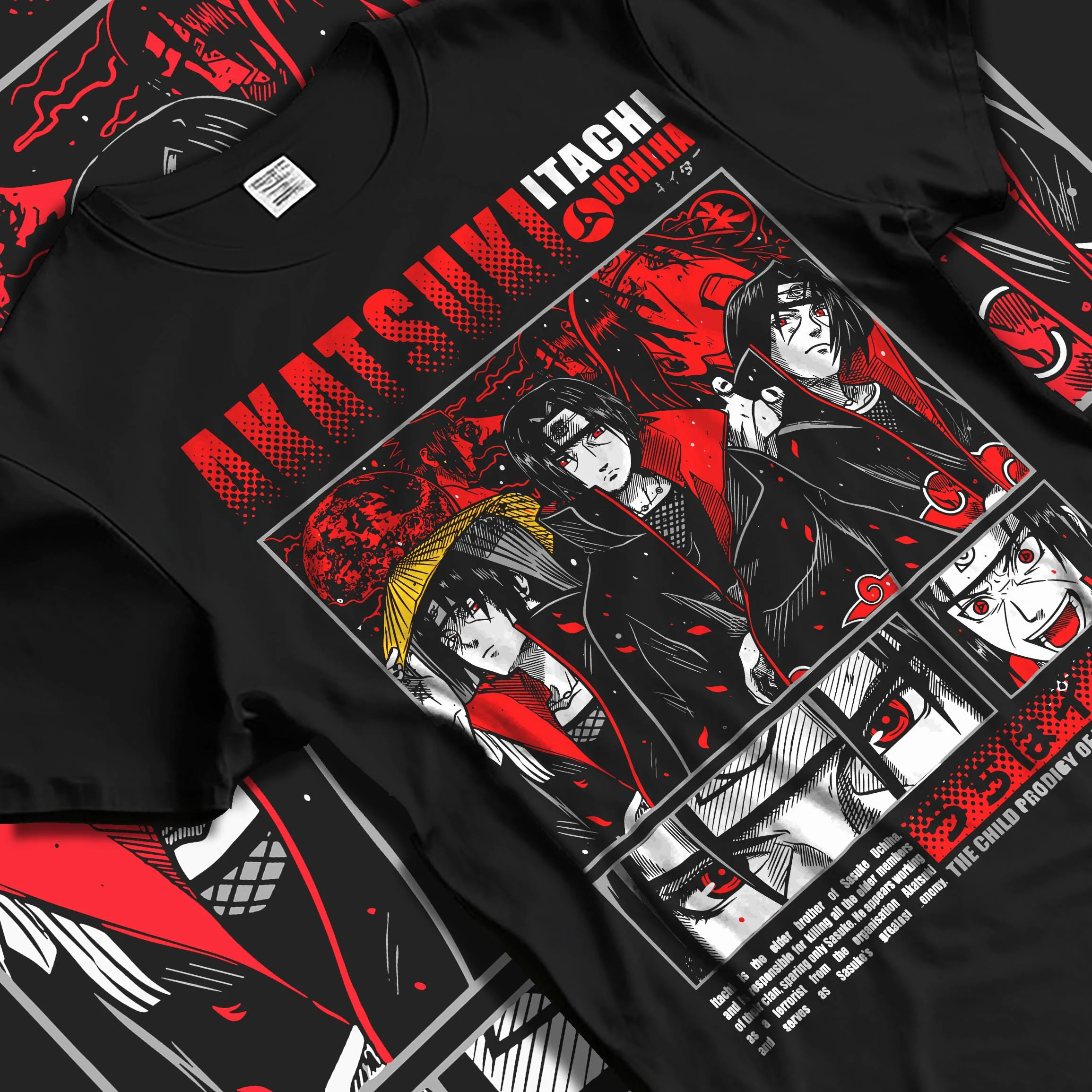 Black T-shirt laid flat with natural folds with Naruto Hoodie Itachi and Sasuke Uchiha Clan Jumper graphic premium wear.