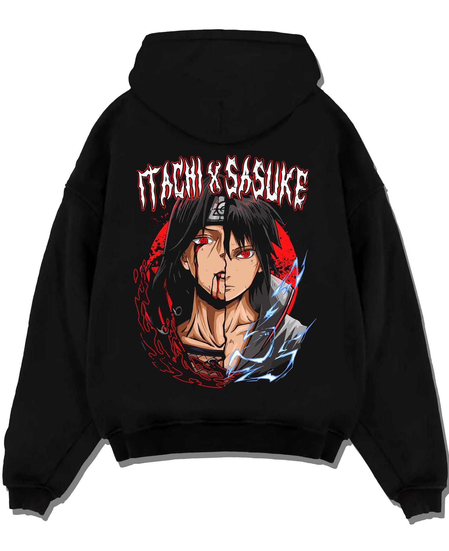 Black pullover hoodie laid flat with Naruto Hoodie Itachi and Sasuke Bonded Clan Jumper graphic premium wear.