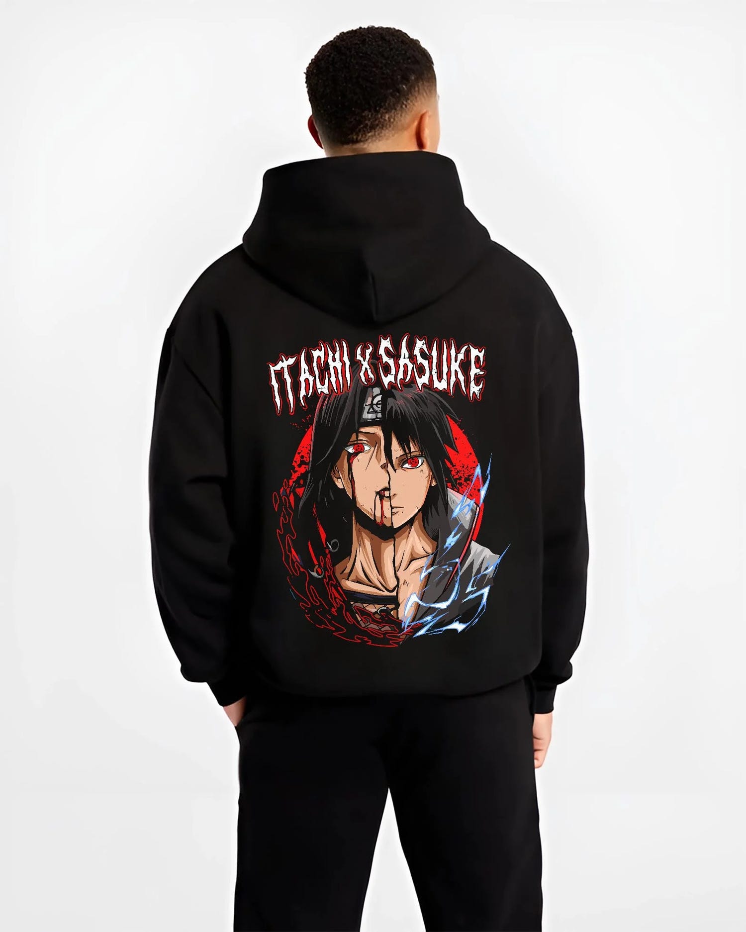 Black hoodie worn by male model, back view with Naruto Hoodie Itachi and Sasuke Bonded Clan Jumper graphic bold anime graphic.