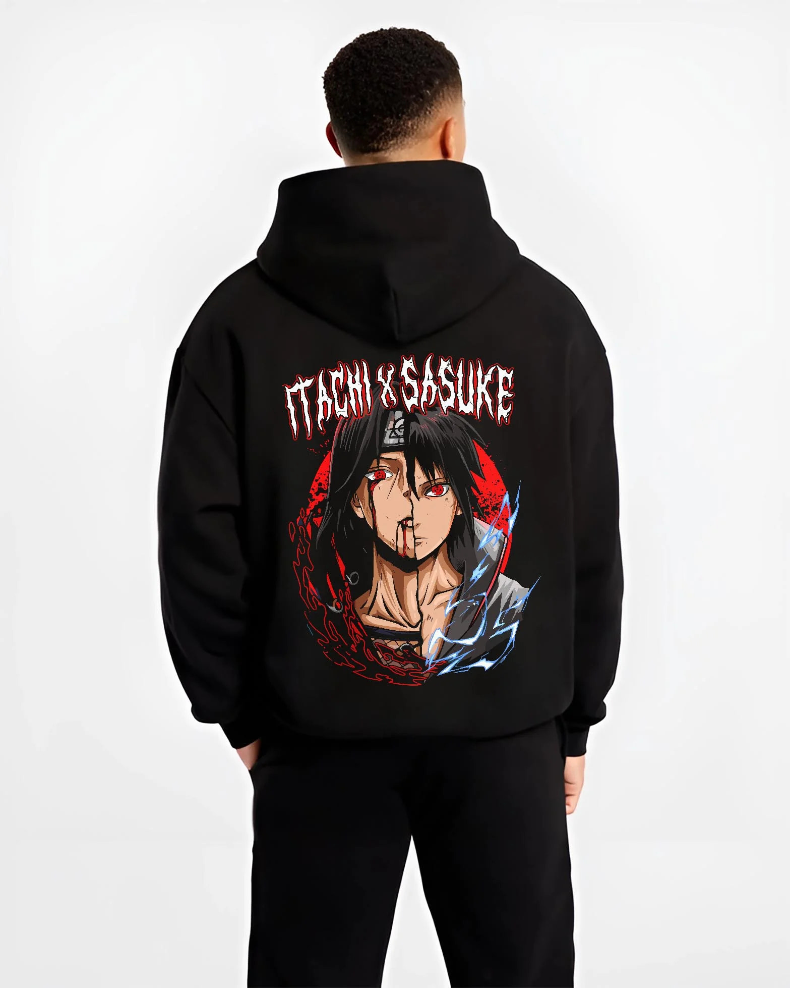 Black hoodie worn by male model, back view with Naruto Hoodie Itachi and Sasuke Bonded Clan Jumper graphic bold anime graphic.