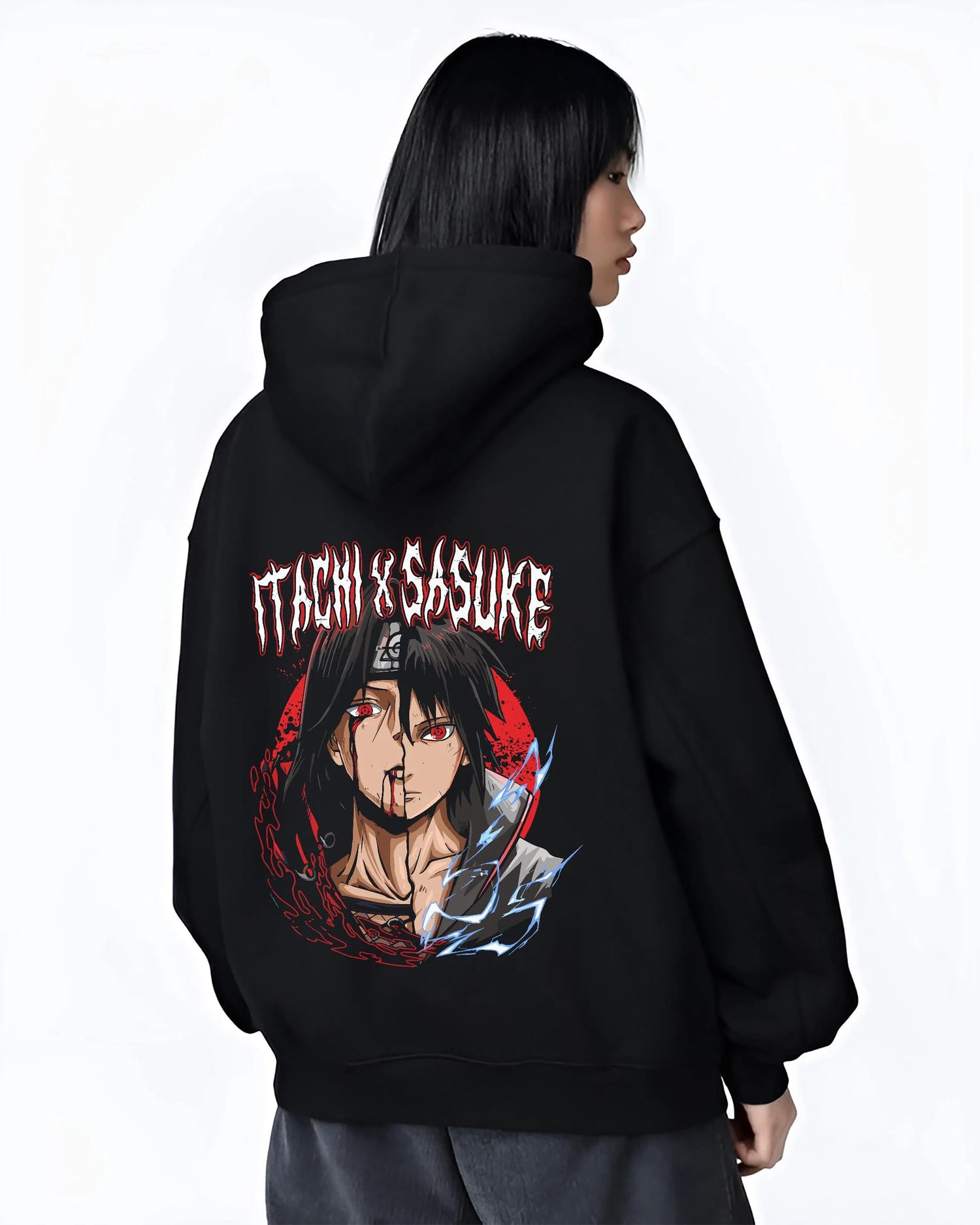 Black hoodie worn by female model, back view with Naruto Hoodie Itachi and Sasuke Bonded Clan Jumper graphic premium wear.