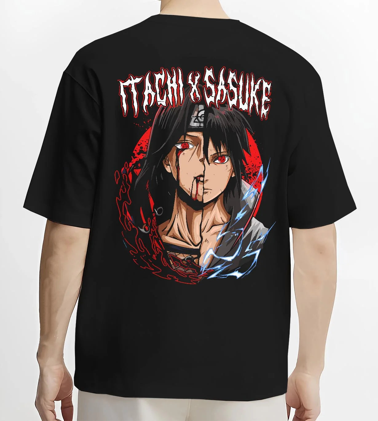 Black T-shirt worn by male model, back view with Naruto Hoodie Itachi and Sasuke Bonded Clan Jumper graphic bold anime graphic.