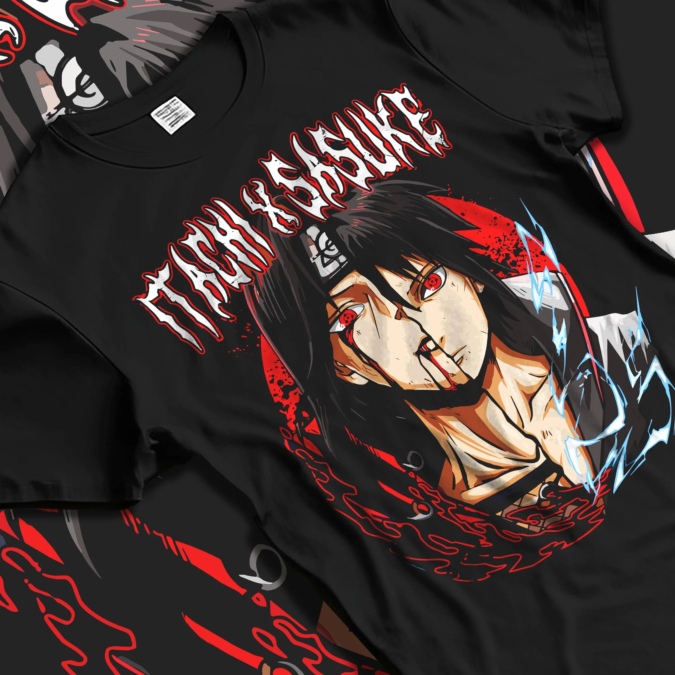 Black T-shirt laid flat with natural folds with Naruto Hoodie Itachi and Sasuke Bonded Clan Jumper graphic bold anime graphic.