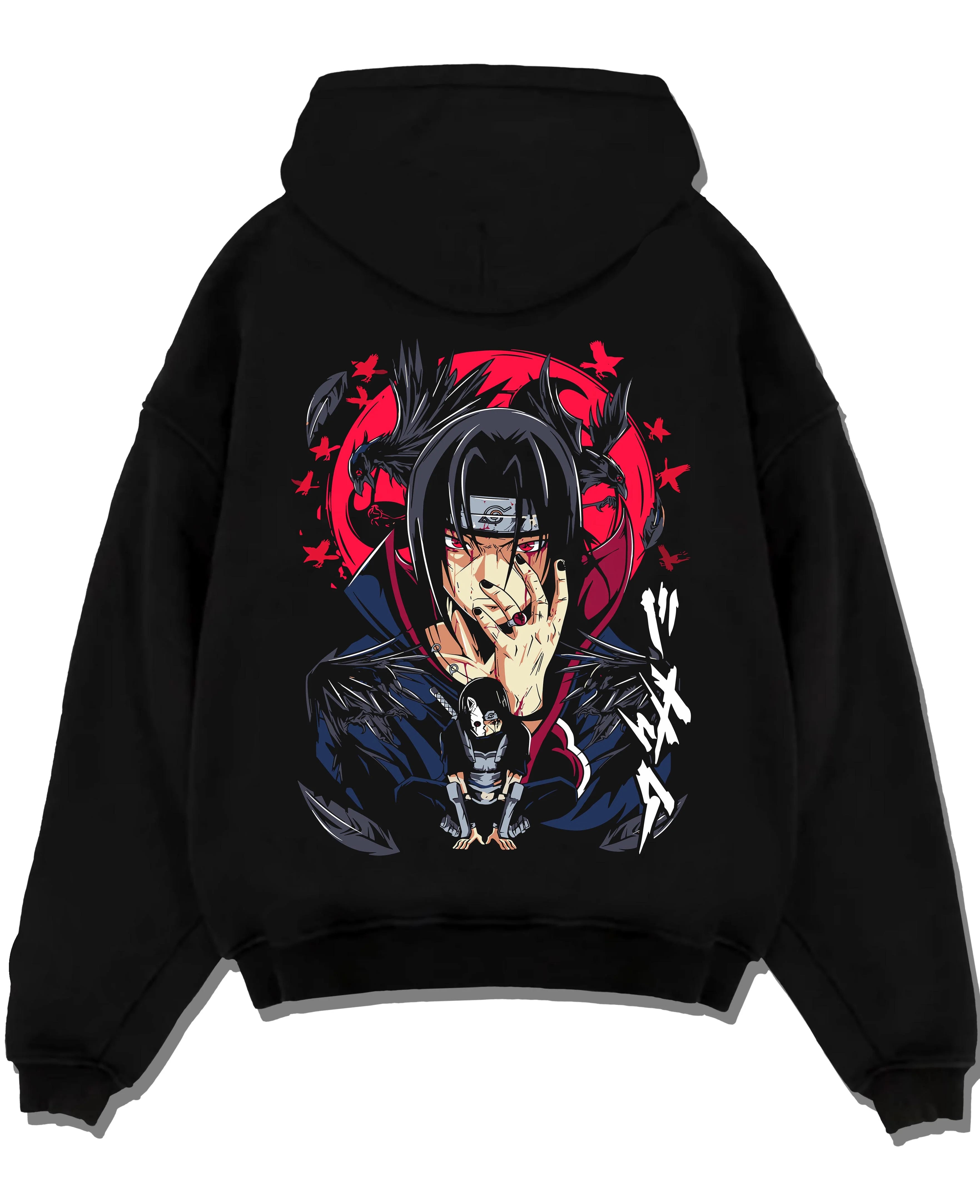 Black pullover hoodie laid flat with Naruto Hoodie Itachi Uchiha Susanoo Spirit Jumper graphic premium wear.
