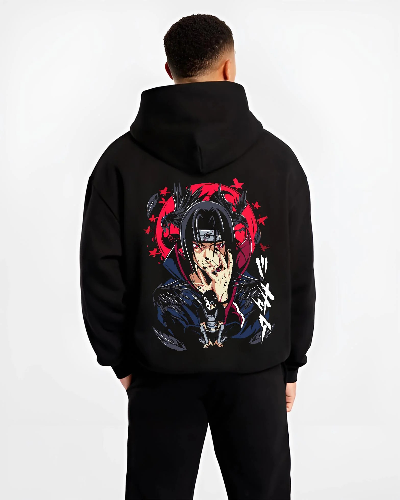 Black hoodie worn by male model, back view with Naruto Hoodie Itachi Uchiha Susanoo Spirit Jumper graphic premium wear.
