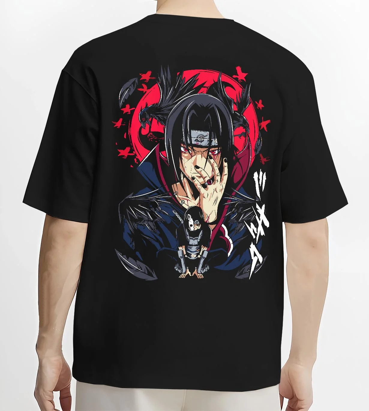Black T-shirt worn by male model, back view with Naruto Hoodie Itachi Uchiha Susanoo Spirit Jumper graphic bold anime graphic.