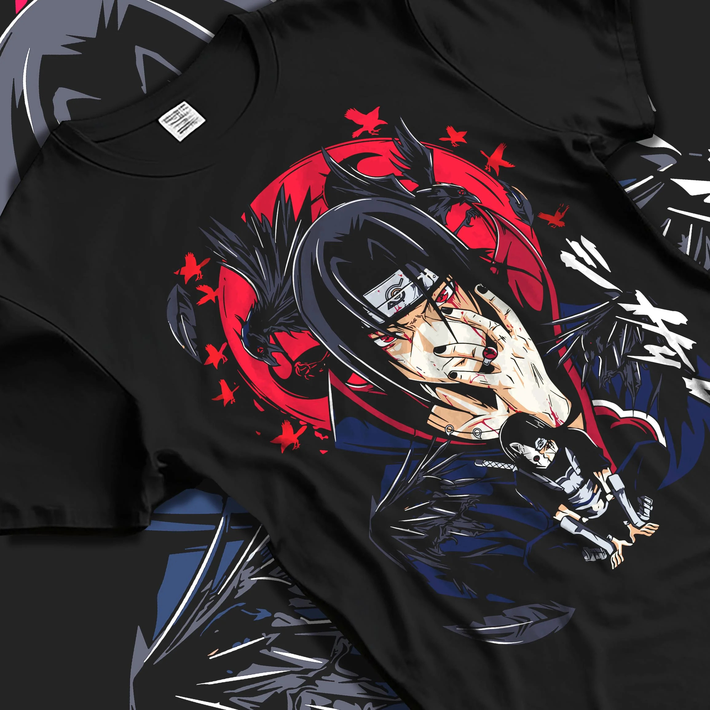 Black T-shirt laid flat with natural folds with Naruto Hoodie Itachi Uchiha Susanoo Spirit Jumper graphic bold anime graphic.