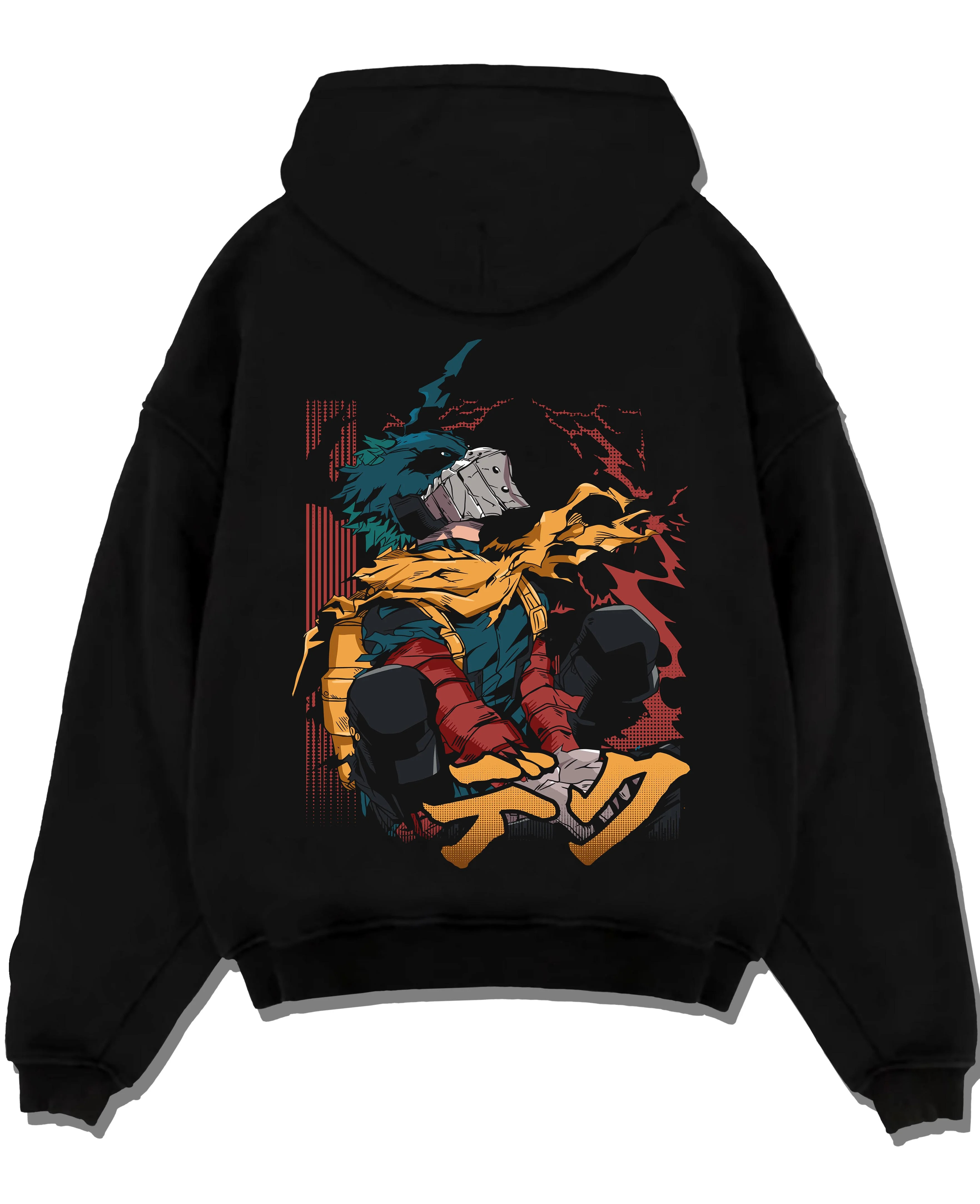 Black pullover hoodie laid flat with My Hero Academia Hoodie Izuku Midoriya Hero Stance graphic bold anime graphic.