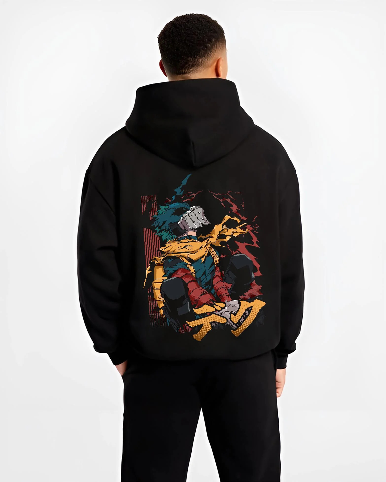 Black hoodie worn by male model, back view with My Hero Academia Hoodie Izuku Midoriya Hero Stance graphic bold anime graphic.