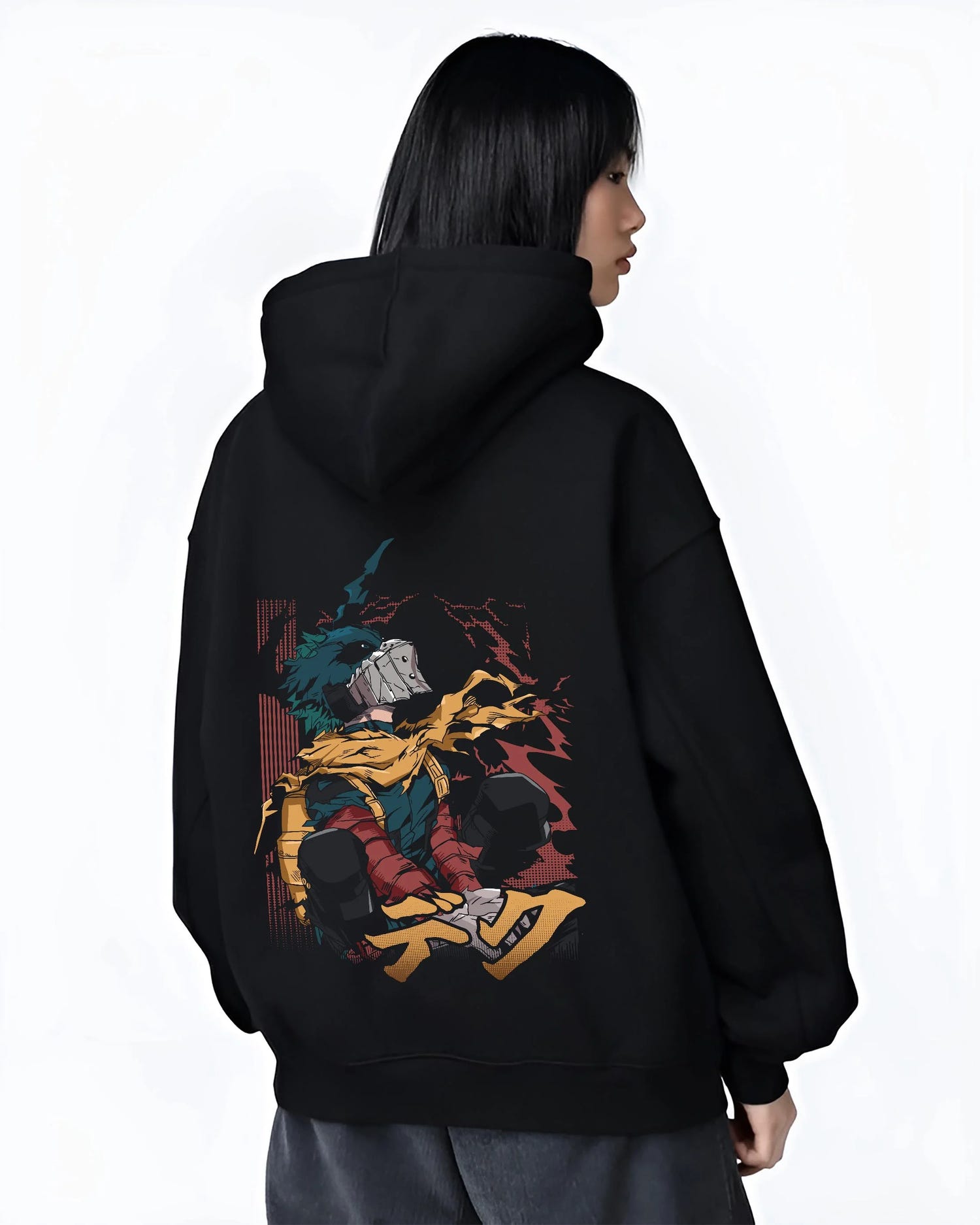 Black hoodie worn by female model, back view with My Hero Academia Hoodie Izuku Midoriya Hero Stance graphic streetwear graphic.