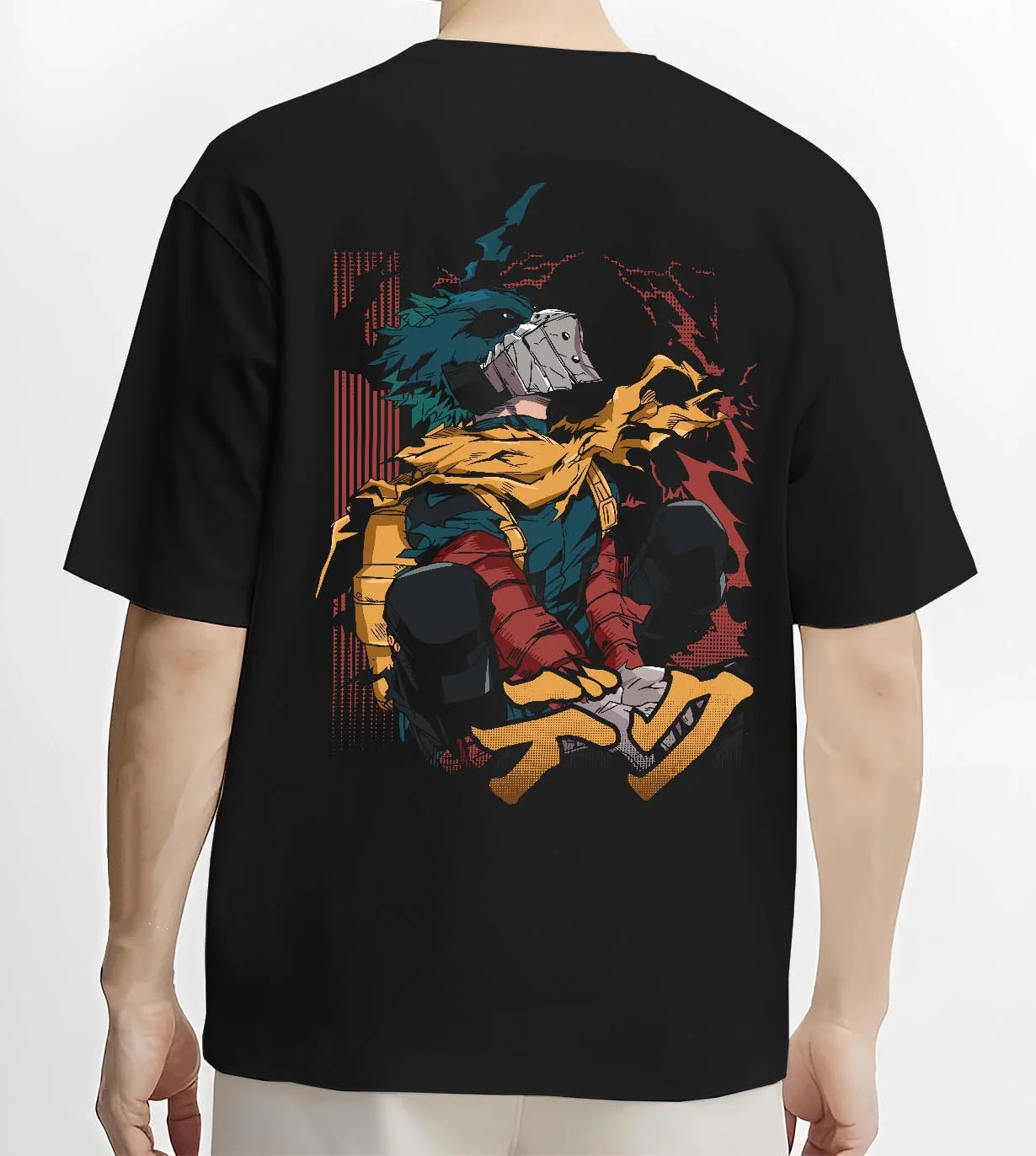 Black T-shirt worn by male model, back view with My Hero Academia Hoodie Izuku Midoriya Hero Stance graphic streetwear graphic.