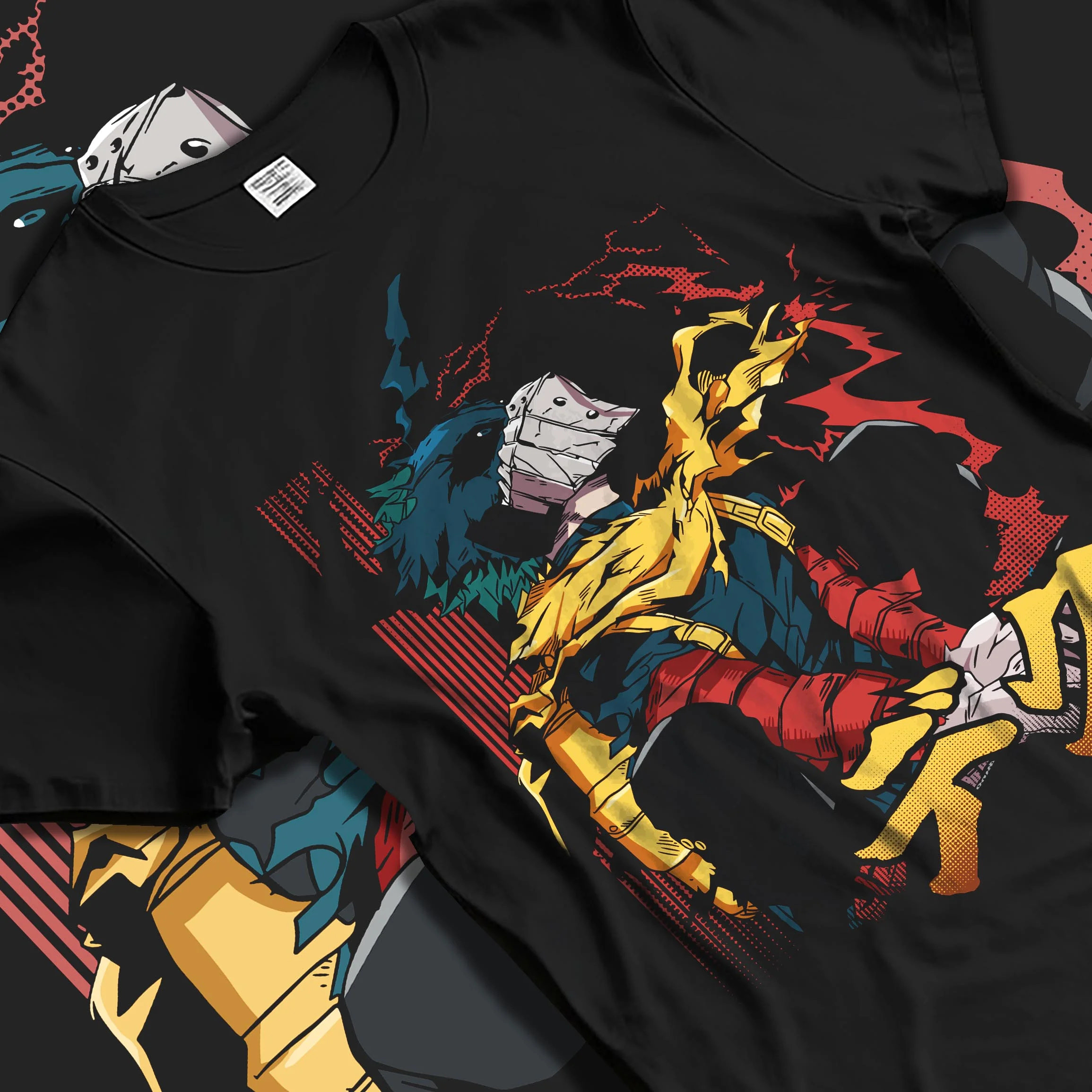 Black T-shirt laid flat with natural folds with My Hero Academia Hoodie Izuku Midoriya Hero Stance graphic premium wear.