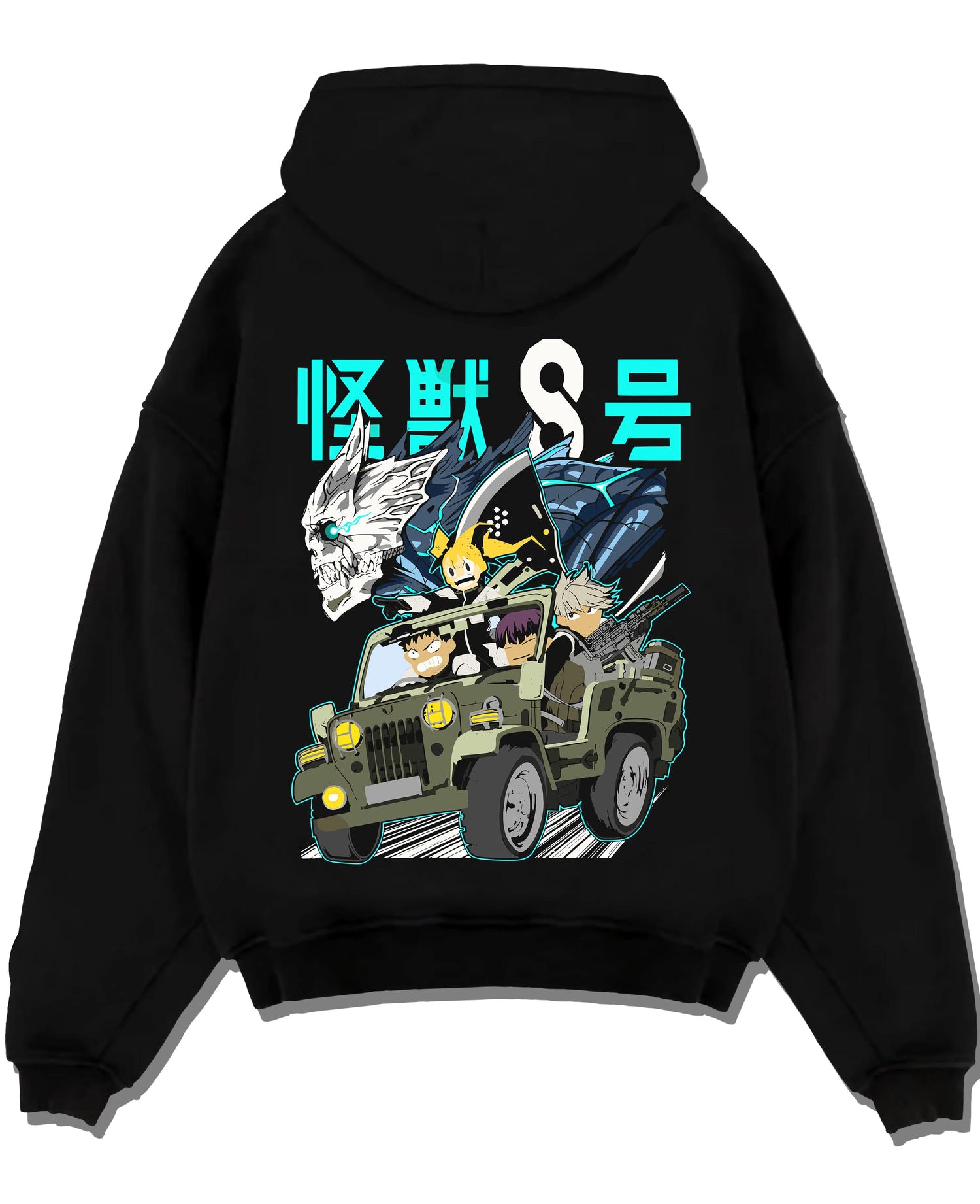 Black pullover hoodie laid flat with Kaiju No. 8 Hoodie Kafka Hibino Monster Form Jumper graphic bold anime graphic.