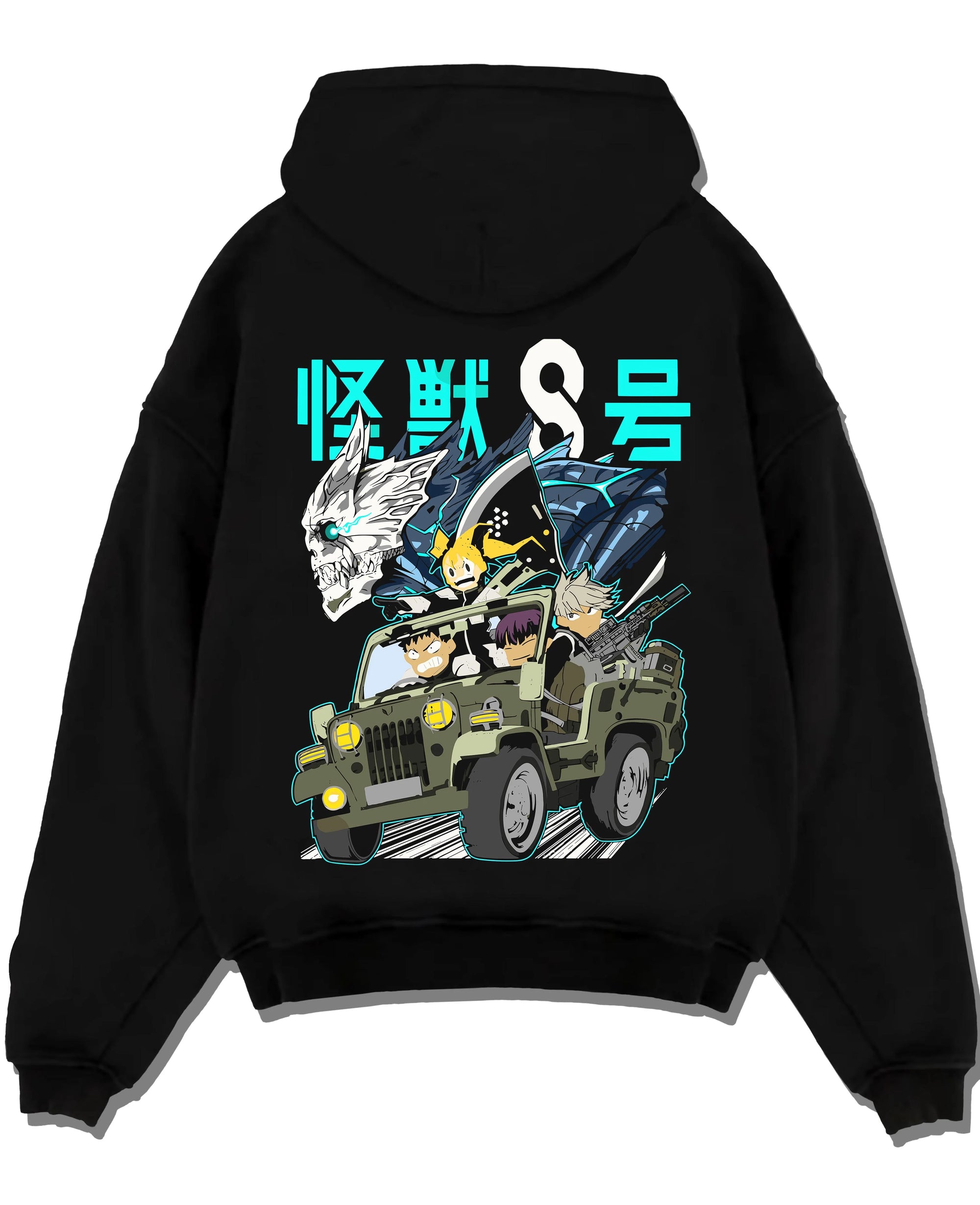Black pullover hoodie laid flat with Kaiju No. 8 Hoodie Kafka Hibino Monster Form Jumper graphic bold anime graphic.
