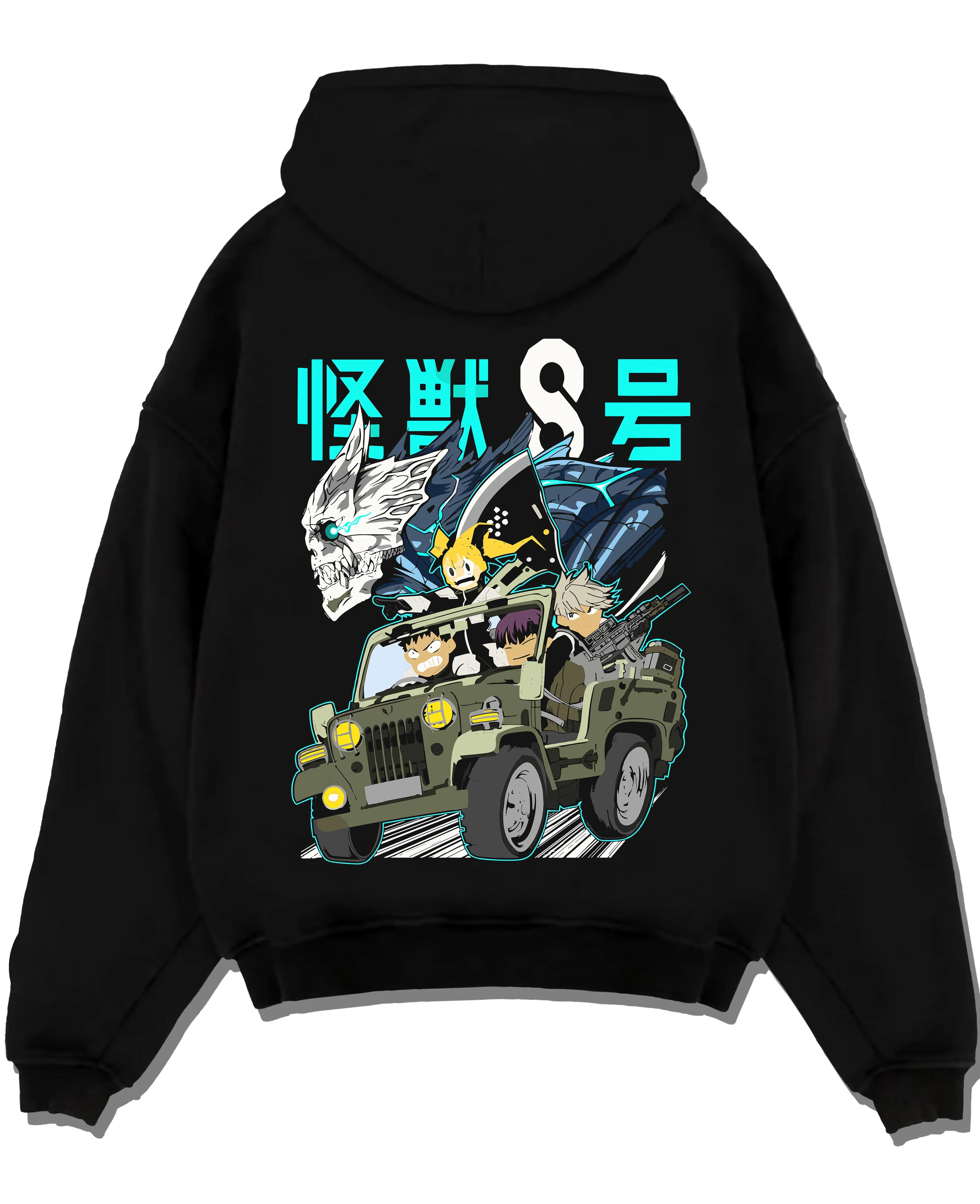 Black pullover hoodie laid flat with Kaiju No. 8 Hoodie Kafka Hibino Monster Form Jumper graphic bold anime graphic.