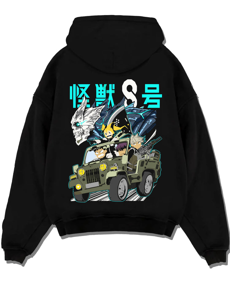 Black pullover hoodie laid flat with Kaiju No. 8 Hoodie Kafka Hibino Monster Form Jumper graphic bold anime graphic.