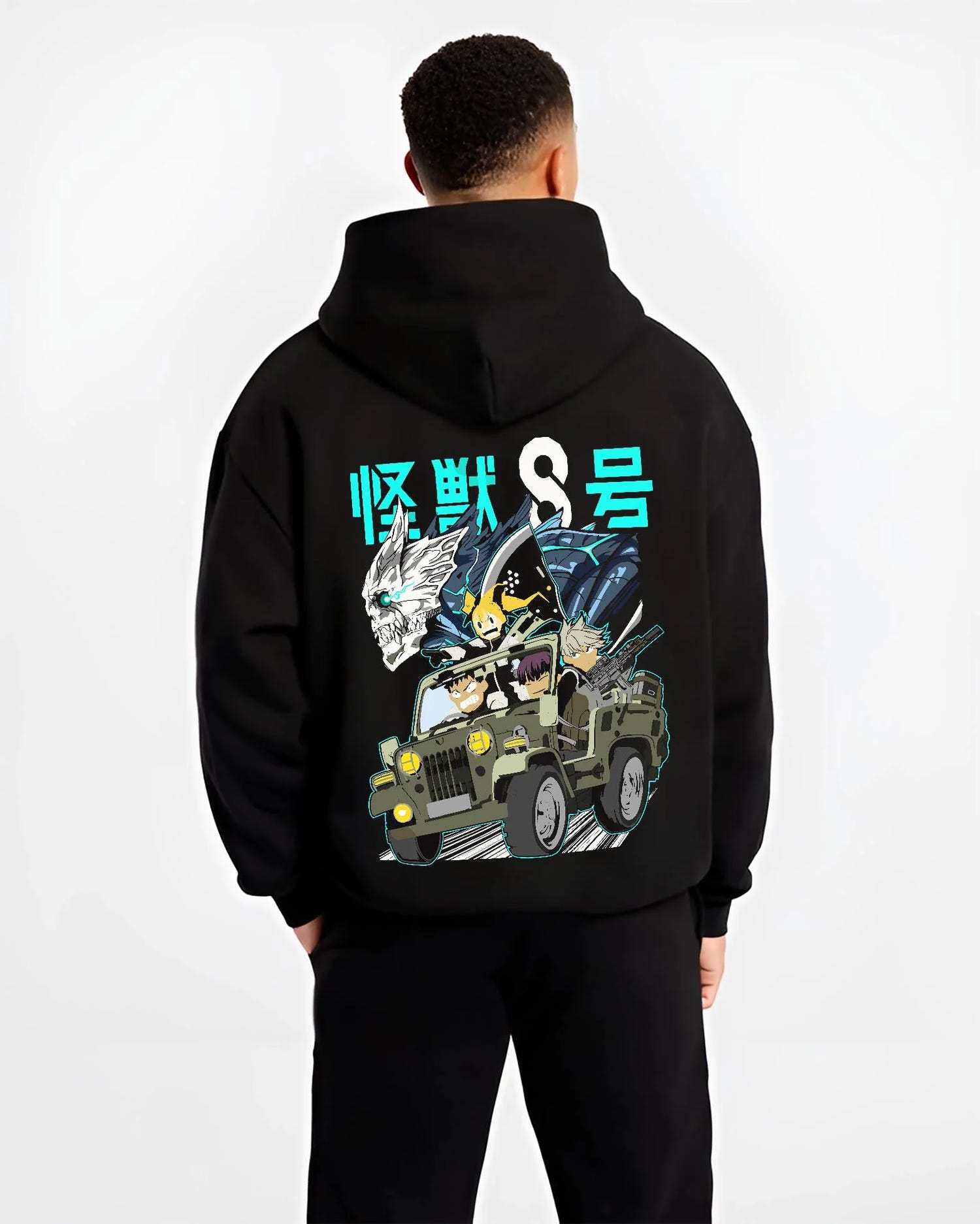 Black hoodie worn by male model, back view with Kaiju No. 8 Hoodie Kafka Hibino Monster Form Jumper graphic streetwear graphic.