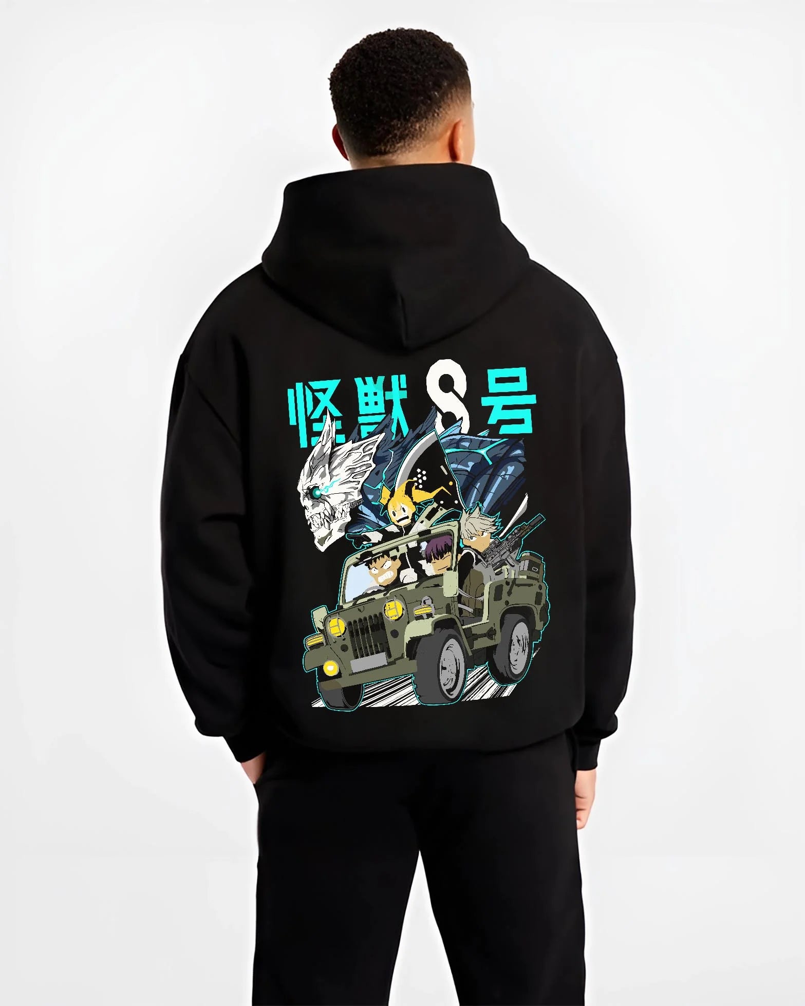 Black hoodie worn by male model, back view with Kaiju No. 8 Hoodie Kafka Hibino Monster Form Jumper graphic streetwear graphic.