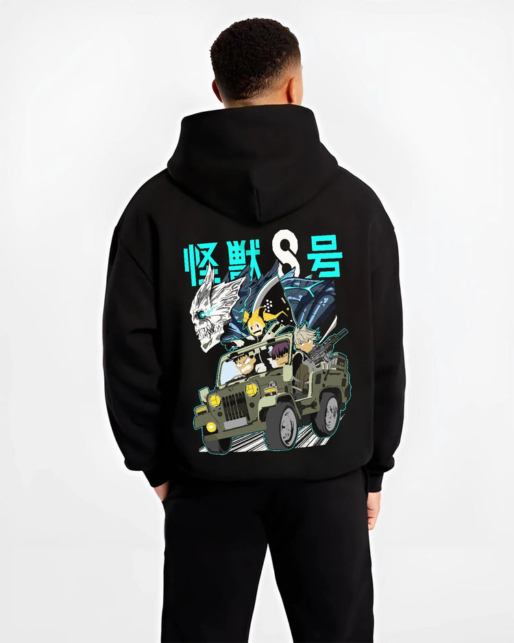 Black hoodie worn by male model, back view with Kaiju No. 8 Hoodie Kafka Hibino Monster Form Jumper graphic streetwear graphic.