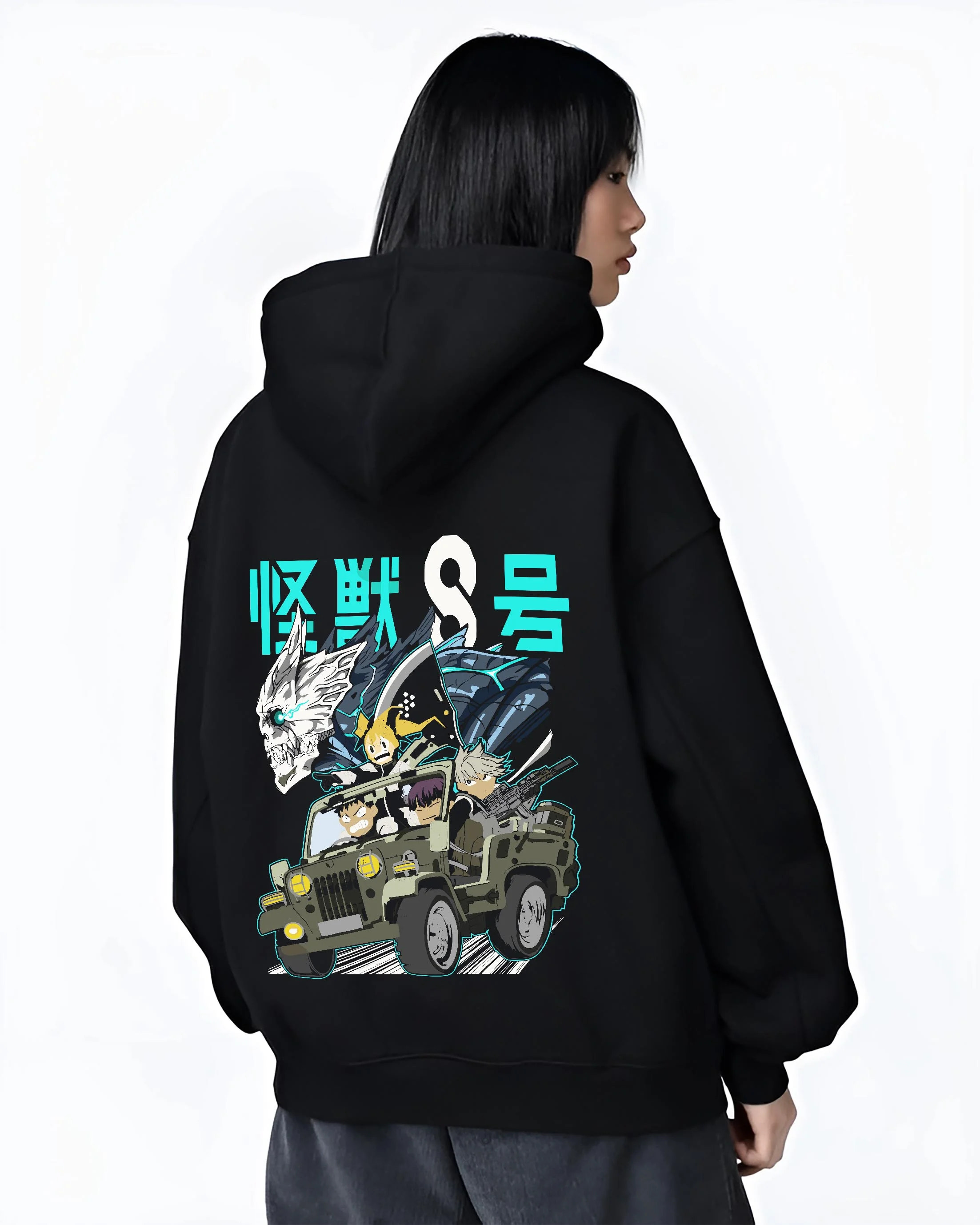 Black hoodie worn by female model, back view with Kaiju No. 8 Hoodie Kafka Hibino Monster Form Jumper graphic bold anime graphic.
